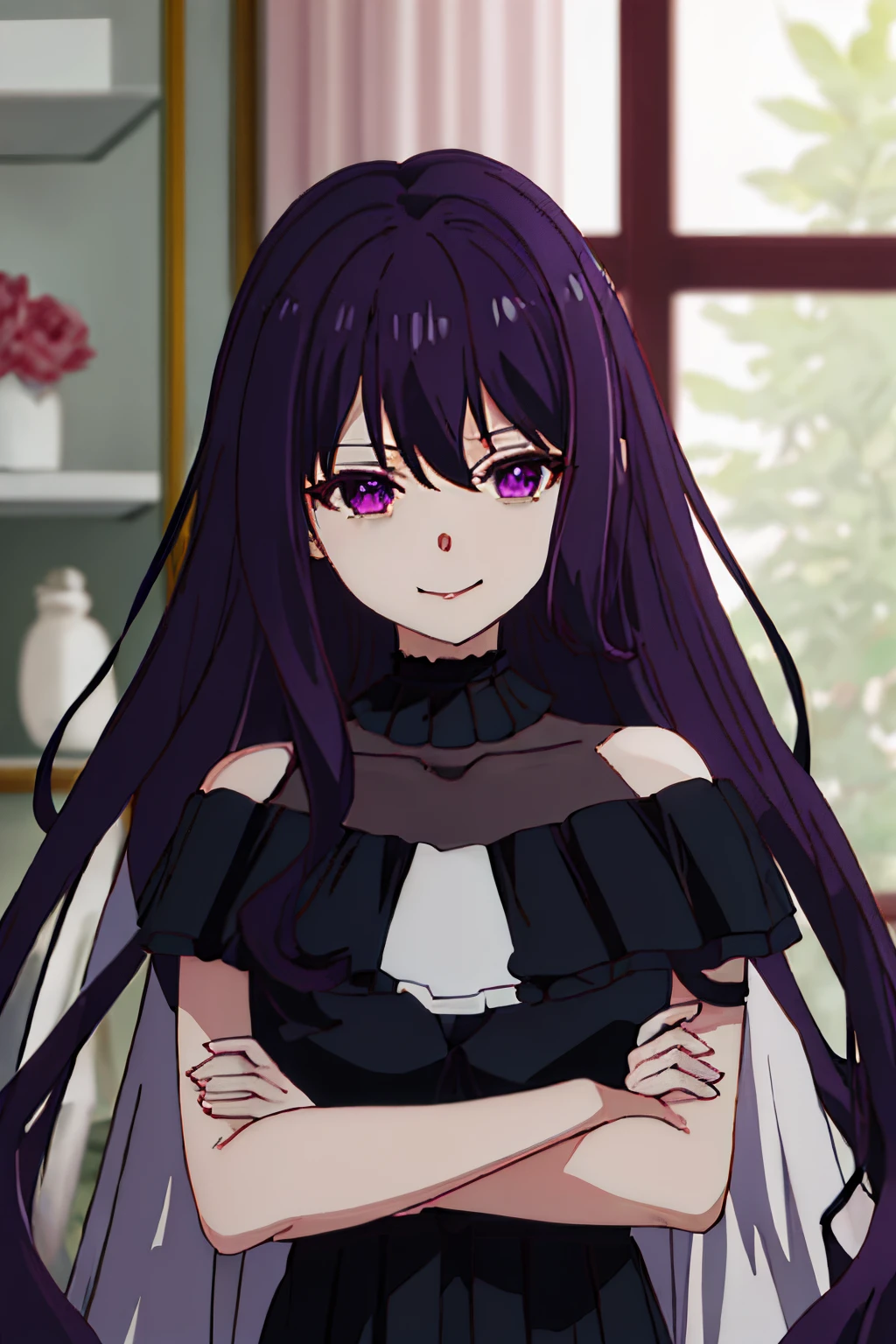 best quality, masterpiece, highres, solo, {tilty_claret_tenseioujototensaireijounomahoukakumei:1.15}, long_hair, bangs, purple_hair, purple_eyes, black_hair, blurry, black_dress, blurry_background, dress, hair_between_eyes, looking_at_viewer, 1girl, indoors, smile, collarbone, off-shoulder_dress, closed_mouth, depth_of_field, upper_body, anime_coloring, bare_shoulders, off_shoulder, window