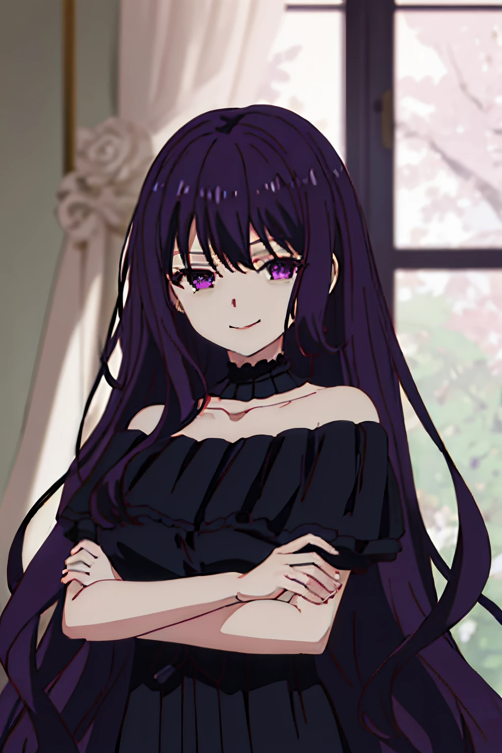 best quality, masterpiece, highres, solo, {tilty_claret_tenseioujototensaireijounomahoukakumei:1.15}, long_hair, bangs, purple_hair, purple_eyes, black_hair, blurry, black_dress, blurry_background, dress, hair_between_eyes, looking_at_viewer, 1girl, indoors, smile, collarbone, off-shoulder_dress, closed_mouth, depth_of_field, upper_body, anime_coloring, bare_shoulders, off_shoulder, window