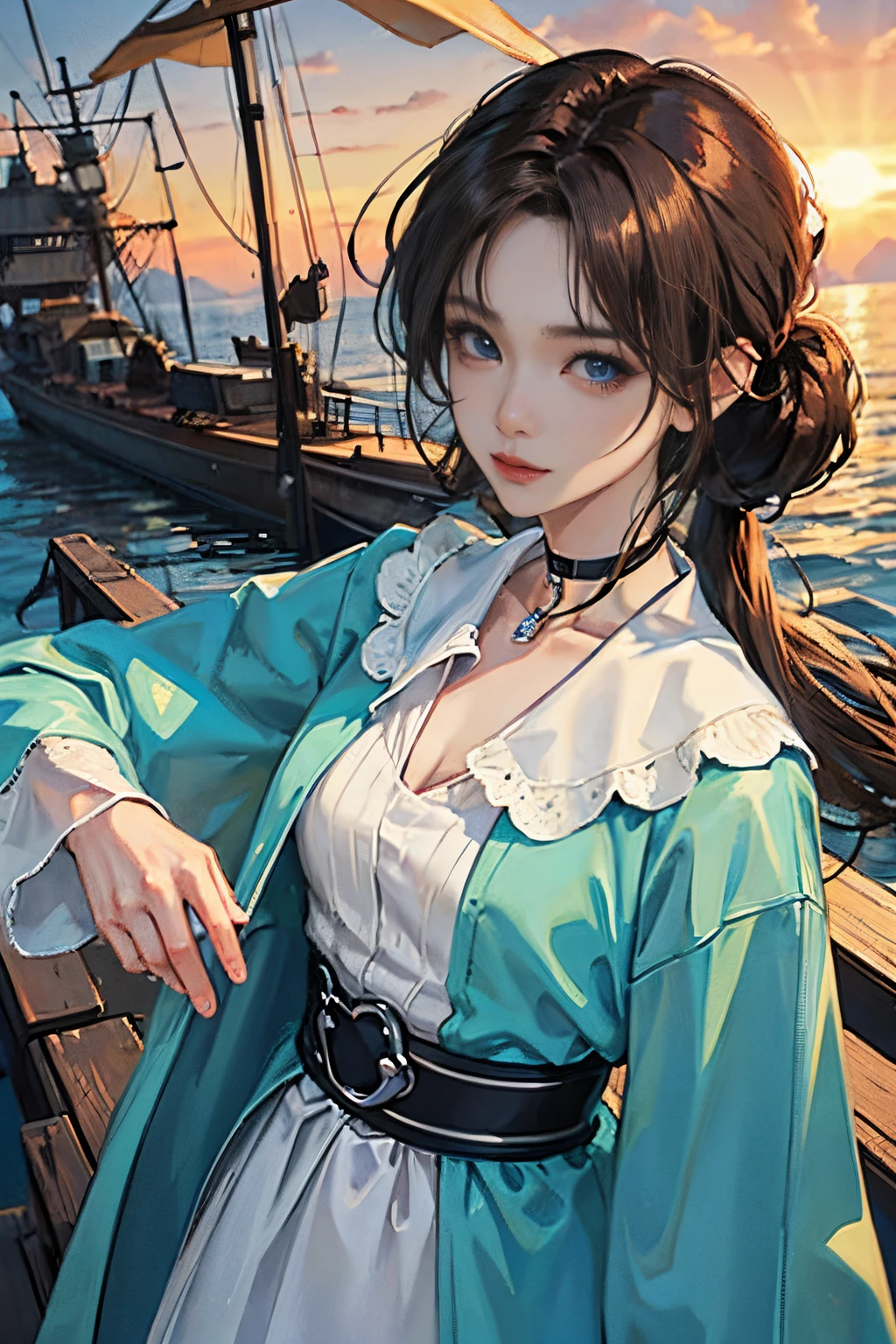1人の女性、 watching at viewers、
,Her beautiful blue eyes, Twin-tailed brown hair, Moles under her eyes, Plump and glossy lips, Heart-shaped choker, Looking at the viewer, smiling at the viewer. .. .. .. .. .. .. .. .. .. .. .. .. .. .. .. .. .. .. .. .. .. .. .. .. .. .. .. .. .. .. .. .. .. .. .. .。.。.。.。.。.。.。.。.。.。.。.。.。.。.。.。.。.。.。.。.。.。.。.。.。.。.。.。.。.。.。.。.。.。.。.。.。.。.。.。.。.。.。.。.。.。.。.。.。.。.。.。.。.。.。.。.。.。.。.。.。.。.。.。.。.。.3D, cyberpunk style short clothes、Nami Style in Anime One Piece, of the highest quality, 8K, Detailed skin texture, Detailed Cloth Texture, beautifull detailed face, Intricate details, Pirate Ship、morning landscape edge lighting, Side lighting, Cinematic lighting, Ultra high definition, 8K UHD, Film grain, Best Shadows, Delicate, Facing the viewer, gazing at viewer