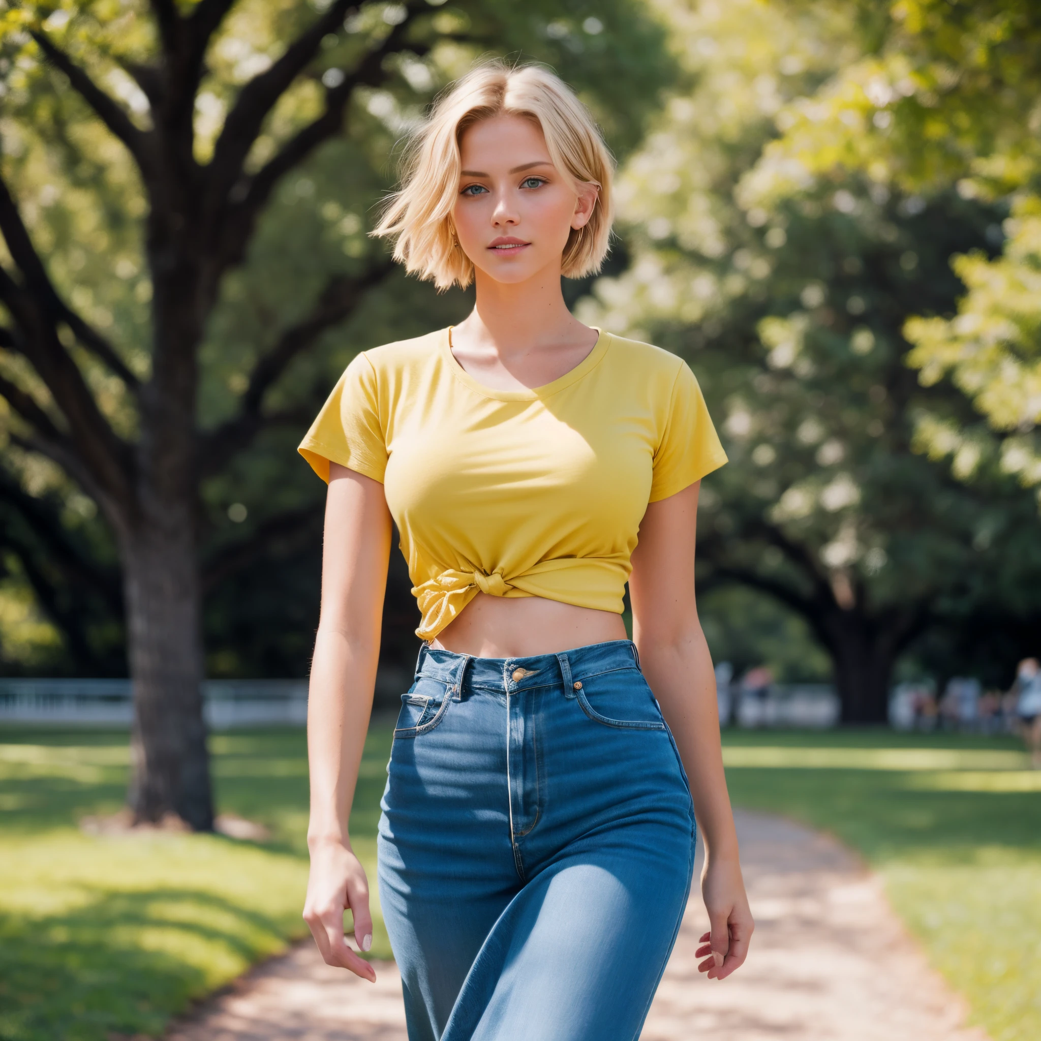 professional, (4k photo:1.1) by (Jeremy Lipking:0.3), (Dittmann Anna:0.3), (Arian Mark:0.3), (Sharp focus:1.3), laughting, high detail, wearing (yellow t-shirt:1), beautiful detailed face, hazel eyes, short blonde hair, (attractive young woman:1.3), (seductive:0.9), (blushing:1.1), hourglass body shape, (small round breasts:1) wide hips, (walking in a park:1) long shot cinematic