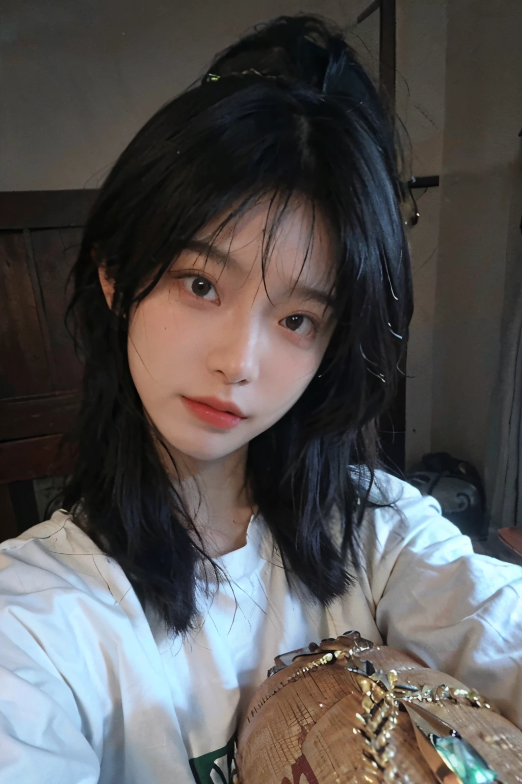 8K, Best Quality, Masterpiece, Ultra High Resolution, (Realism: 1.4), Original Photo, (Realistic Skin Texture: 1.3), (Film Grain: 1.3), (Selfie Angle), 1 Girl, Beautiful Emerald Gemstone Eyes and Exquisite Face Details, Masterpiece, Best Quality, Close-up, Upper Body, Looking at the Viewer