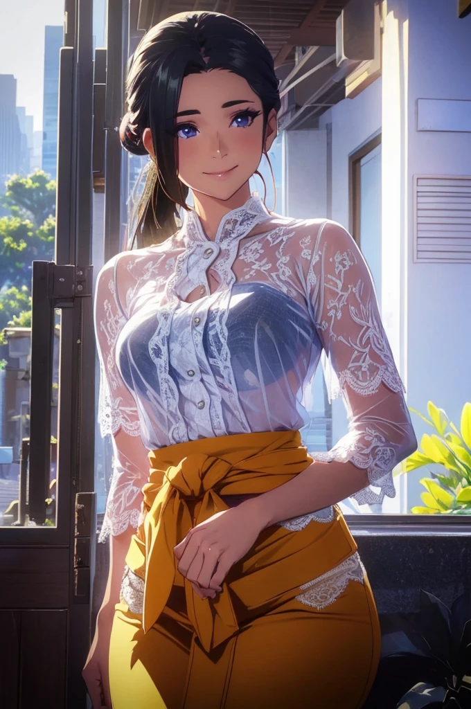 haruhiko_ichijou_mother,long hair,black hair,blue eyes,ponytail,masterpiece,best quality,night view,rainy,cyberpunk city,wet clothes, kebaya_bali,white_kebaya_bali,large breasts,sweaty smile,show nipples  ,transparent dress ,show armpits,get raped by 1 man,(skirt lift:1.3),(white lace panties:1.2)