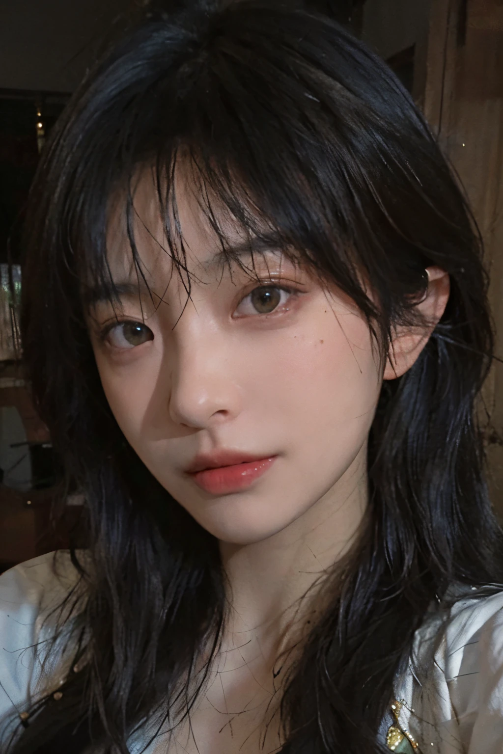 8K, Best Quality, Masterpiece, Ultra High Resolution, (Realism: 1.4), Original Photo, (Real Skin Texture: 1.3), (Film Grain: 1.3), (Selfie Angle), 1 Girl, Beautiful Emerald Eyes and Face Details, Masterpiece, Best Quality, Close Up, Upper Body, Looking at the Viewer
