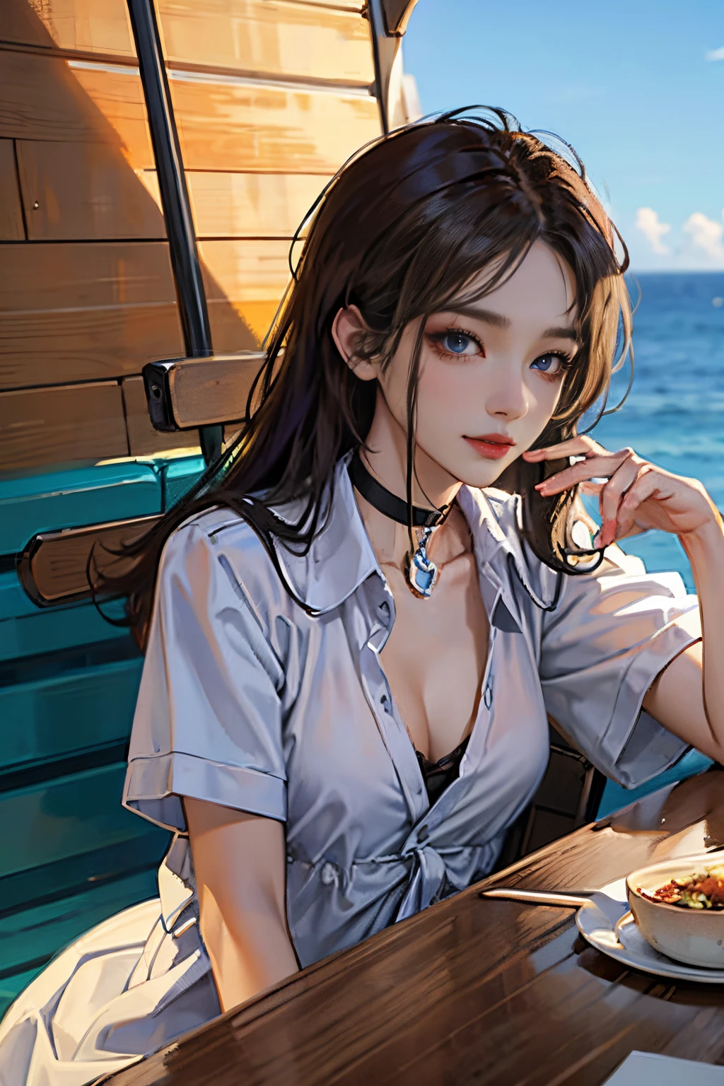 1人の女性、 watching at viewers、
,Her beautiful blue eyes, Twin-tailed brown hair, Moles under her eyes, Plump and glossy lips, Heart-shaped choker, Looking at the viewer, smiling at the viewer. .. .. .. .. .. .. .. .. .. .. .. .. .. .. .. .. .. .. .. .. .. .. .. .. .. .. .. .. .. .. .. .. .. .. .. .。.。.。.。.。.。.。.。.。.。.。.。.。.。.。.。.。.。.。.。.。.。.。.。.。.。.。.。.。.。.。.。.。.。.。.。.。.。.。.。.。.。.。.。.。.。.。.。.。.。.。.。.。.。.。.。.。.。.。.。.。.。.。.。.。.。.。.3D, cyberpunk style short clothes、Nami Style in Anime One Piece, of the highest quality, 8K, Detailed skin texture, Detailed Cloth Texture, beautifull detailed face, Intricate details, Pirate Ship、morning landscape edge lighting, Side lighting, Cinematic lighting, Ultra high definition, 8K UHD, Film grain, Best Shadows, Delicate, Facing the viewer, gazing at viewer