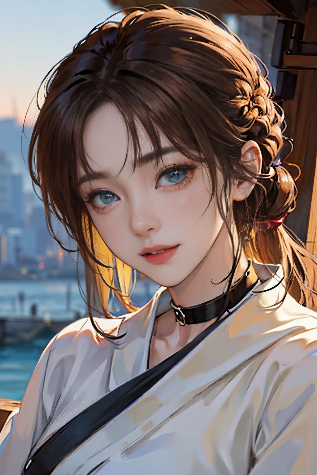 1人の女性、 watching at viewers、
,Her beautiful blue eyes, Twin-tailed brown hair, Moles under her eyes, Plump and glossy lips, Heart-shaped choker, Looking at the viewer, smiling at the viewer. .. .. .. .. .. .. .. .. .. .. .. .. .. .. .. .. .. .. .. .. .. .. .. .. .. .. .. .. .. .. .. .. .. .. .. .。.。.。.。.。.。.。.。.。.。.。.。.。.。.。.。.。.。.。.。.。.。.。.。.。.。.。.。.。.。.。.。.。.。.。.。.。.。.。.。.。.。.。.。.。.。.。.。.。.。.。.。.。.。.。.。.。.。.。.。.。.。.。.。.。.。.。.3D, cyberpunk style short clothes、Nami Style in Anime One Piece, of the highest quality, 8K, Detailed skin texture, Detailed Cloth Texture, beautifull detailed face, Intricate details, Pirate Ship、morning landscape edge lighting, Side lighting, Cinematic lighting, Ultra high definition, 8K UHD, Film grain, Best Shadows, Delicate, Facing the viewer, gazing at viewer