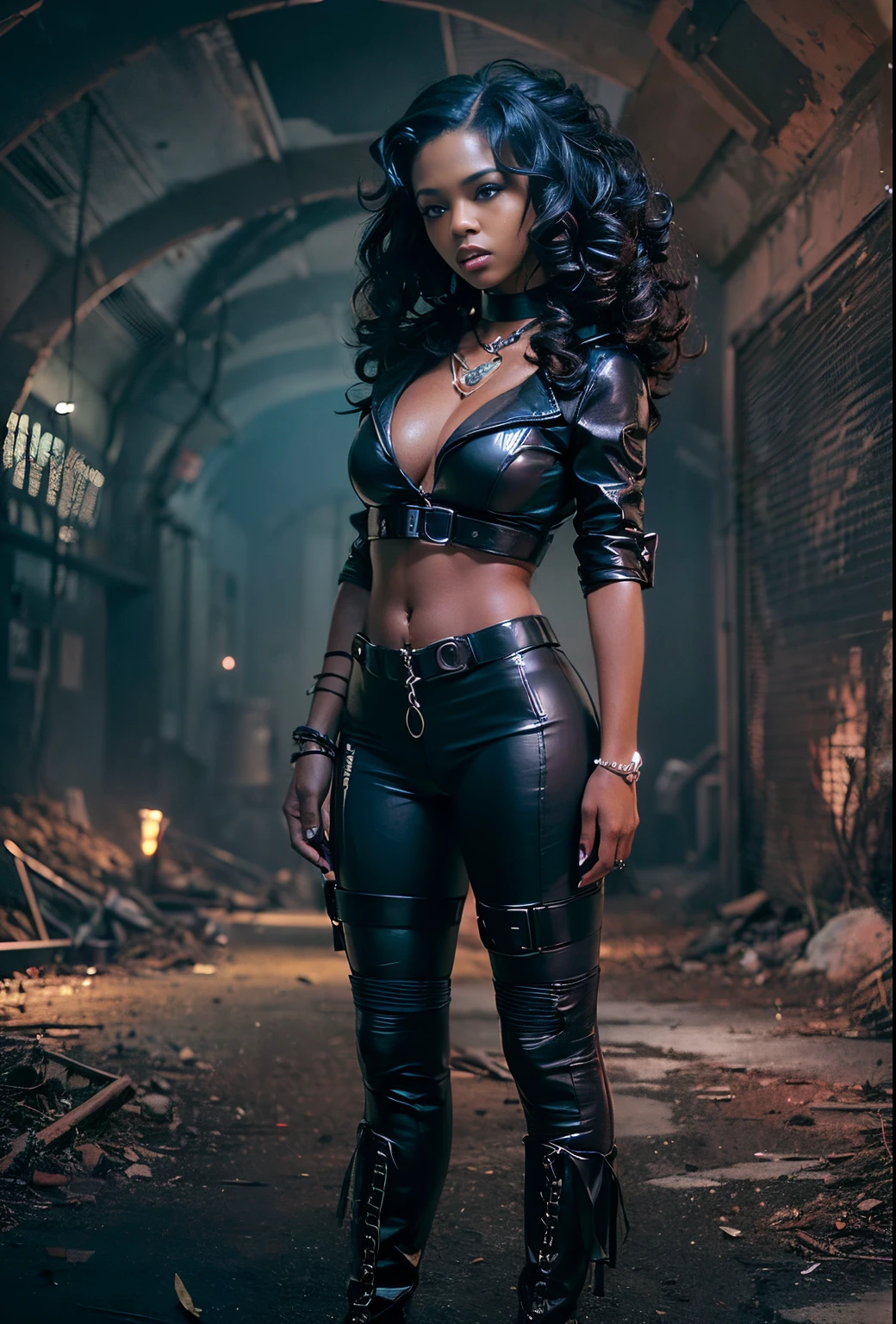 ((21-year-old))), black girl, (((light skin))), (((full body pose))),  (((long curly black hair))), (((wearing Night Sister outfit))), (((metal choker))), (((Fallout 4 style scene))), dark fantasy, Rich, Deep Colours, (intricate details:0.9), (HDR, hyper-detailing:1.2), (natural skin textures, hyper realisitc, glistening skin, soft light, Sharp),