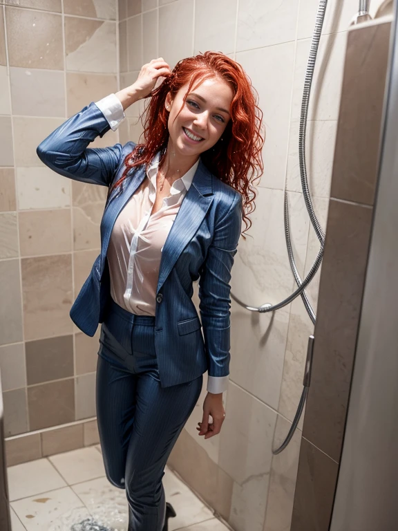 woman, curly red hair, blue eyes, gray pantsuit, white blouse, black heels, show heels, soaking wet in shower, inviting smile, ((wet hair)), SoakingWetClothes