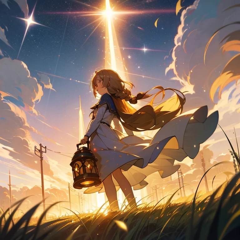 animesque　Fantastical　starrysky　Chestnut haired girl in a white dress　retro street lamp　grass field　sacred place　Particles of light