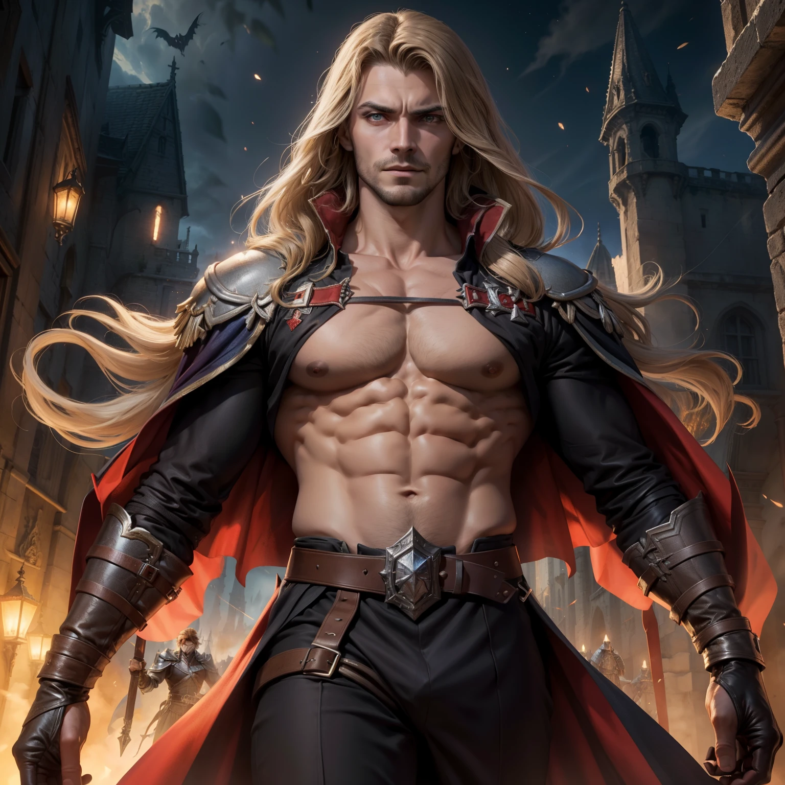 Perfect human body modeling, 1 guy, handsome, fangs from the mouth, A little smile, blonde hair, shiny hair, glow eyes, white skin, slim-body, Western-style fantasy, RPG, old castle, moonlit night, Vampire Lord, opportunist, white wolf, tuxedo, black Cloak with red lining