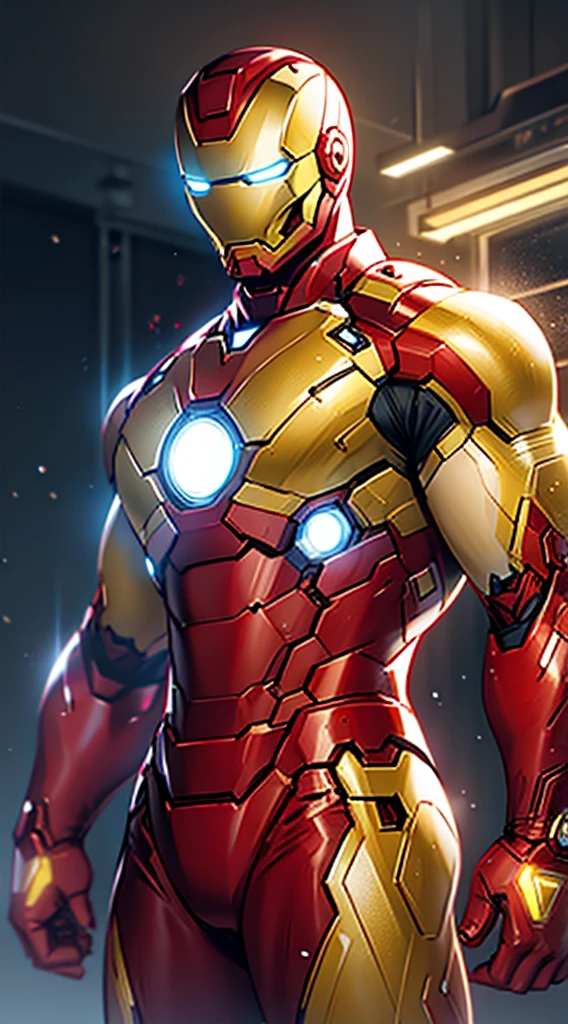 Golden iron man with lights on his very shiny costume