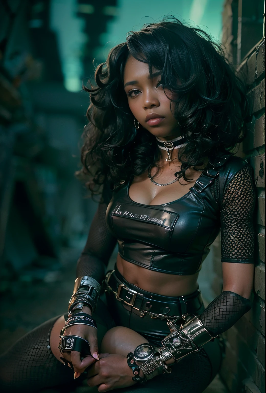 ((21-year-old))), black girl, (((light skin))), (((full body pose))),  (((long curly black hair))), (((wearing Night Sister outfit))), (((metal choker))), (((Fallout 4 style scene))), dark fantasy, Rich, Deep Colours, (intricate details:0.9), (HDR, hyper-detailing:1.2), (natural skin textures, hyper realisitc, glistening skin, soft light, Sharp),