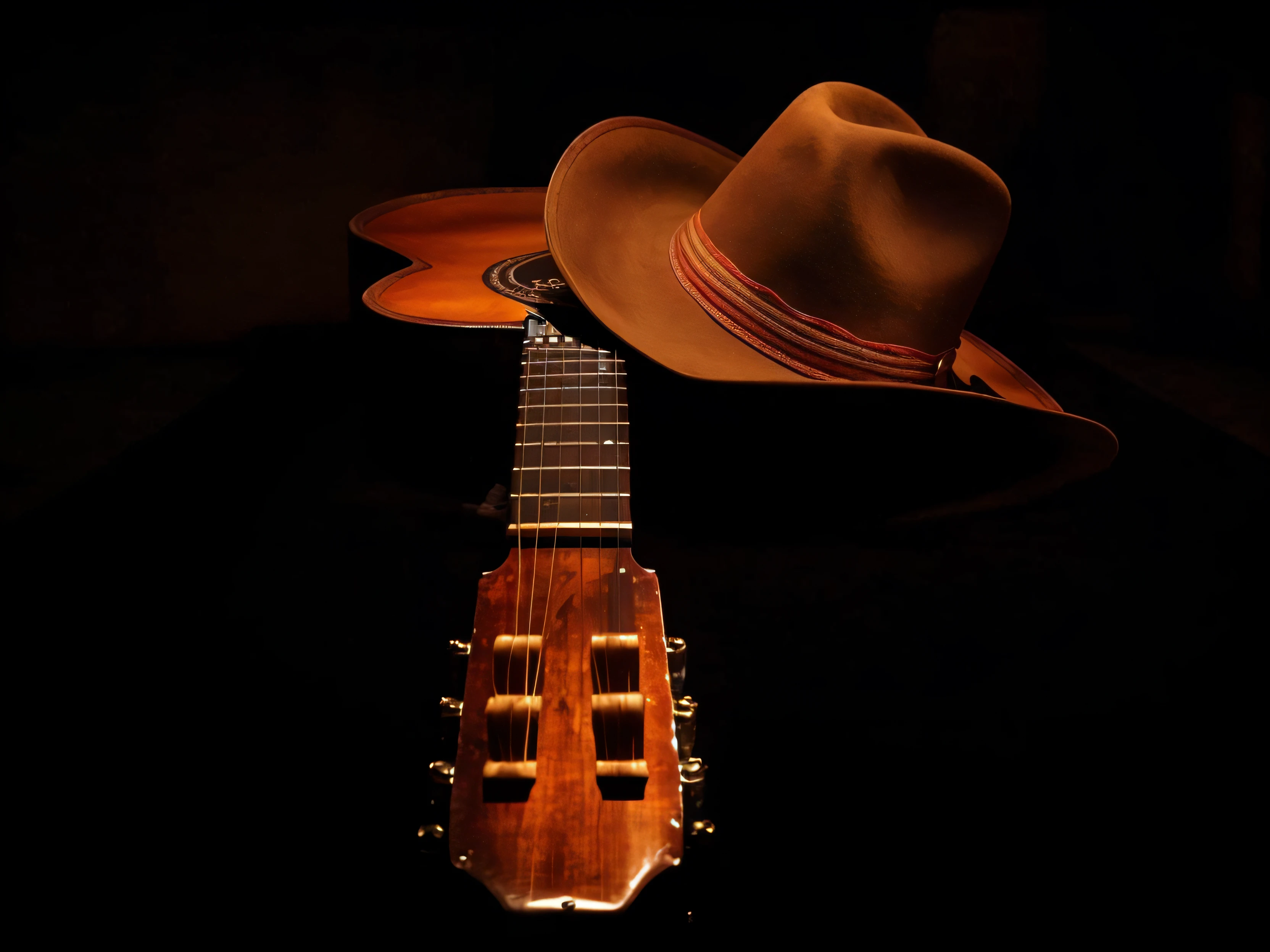 There&#39;a hat on top of a guitar in the dark, country, classical guitar, ten-gallon hat, cantor e compositor, sonho de Vaqueiro, acoustic guitar, cantor - compositor, cowboy hat, kalap, Estilo cowboy, acoustic guitar, Cowboy mexicano, um instrumento, solo by acoustic guitar, wearing a cowboy hat, Vaqueiro, O guitarrista, brown hat, western setting