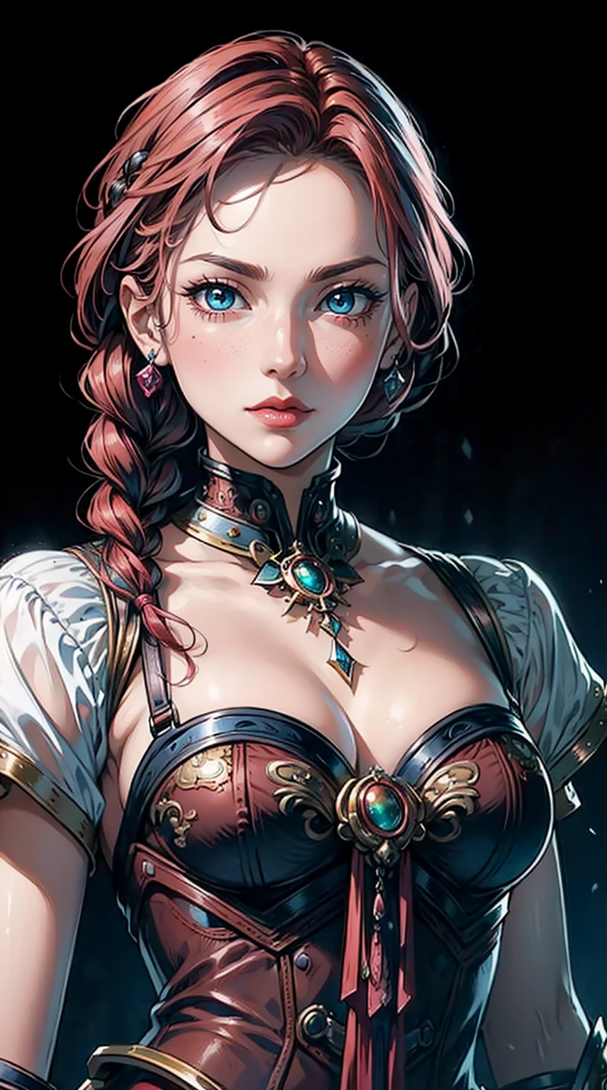 (masterpiece), best quality, expressive eyes, perfect face, upper body, beautiful face, mature woman, focused, beautiful eyes, azure eyes, medium flaming red hair, small braids, elegant steampunk dress, clockwork tower background, front view, close up, pink lipstick, pink blush