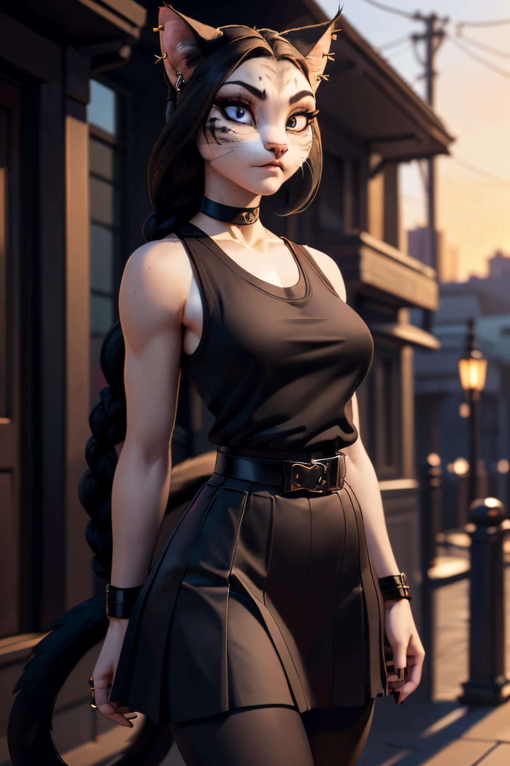 ((ultra quality)), ((tmasterpiece)), Girl-khajiit, goth, anthro cat, furry, ((black long hair tied in a braid)), ((there are piercings and rings in the ears)), ((there are only cat ears)), ((There is a cat's long tail in the back)), Beautiful cute face, beautiful female lips, charming beauty, ((serious expression)), is looking at the camera, ((Skin color: white)), ((there is cat hair on the body)), Body glare, ((detailed beautiful female eyes)), ((kblack eyes)), ((dark makeup)), beautiful female hands, ((perfect female figure)), ideal female body shapes, Beautiful waist, nice feet, big thighs, Beautiful butt, ((Subtle and beautiful)), seductively worth it ((closeup face)), ((wearing a black waist-length skirt with a black belt, black sleeveless tank top, black choker around the neck, black sneakers, black tights), background: City Street, evening sunset, ((Depth of field)), ((high quality clear image)), ((crisp details)), ((higly detailed)), Realistic, Professional Photo Session, ((Clear Focus)), ((cartoon)), the anime, NSFW