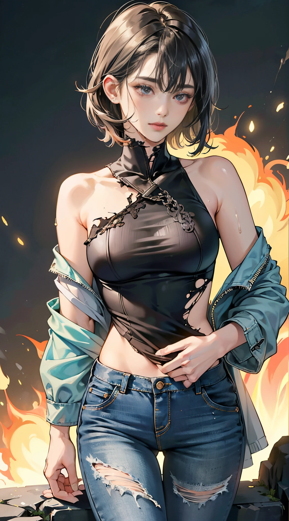 (((1 girl, cute, denim jacket, white top, jeans, Gloves, blond, short hair, bob hair, side parted hair, blue eyelond hair))), dynamic poses, manga style, depicting a group of characters in various action scenes, from intense battles to lighthearted moments, with dramatic speed lines and bold sound effects, capturing the excitement and energy of the story, Laser rays from the palm of hand, Attack forward with palm, yellowstone park, Grand Canyon,