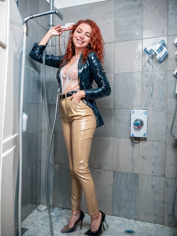 woman, curly red hair, blue eyes, tan pantsuit, white blouse, black heels, show heels, soaking wet in shower, inviting smile, ((wet hair)), SoakingWetClothes, ((standing under the shower head))