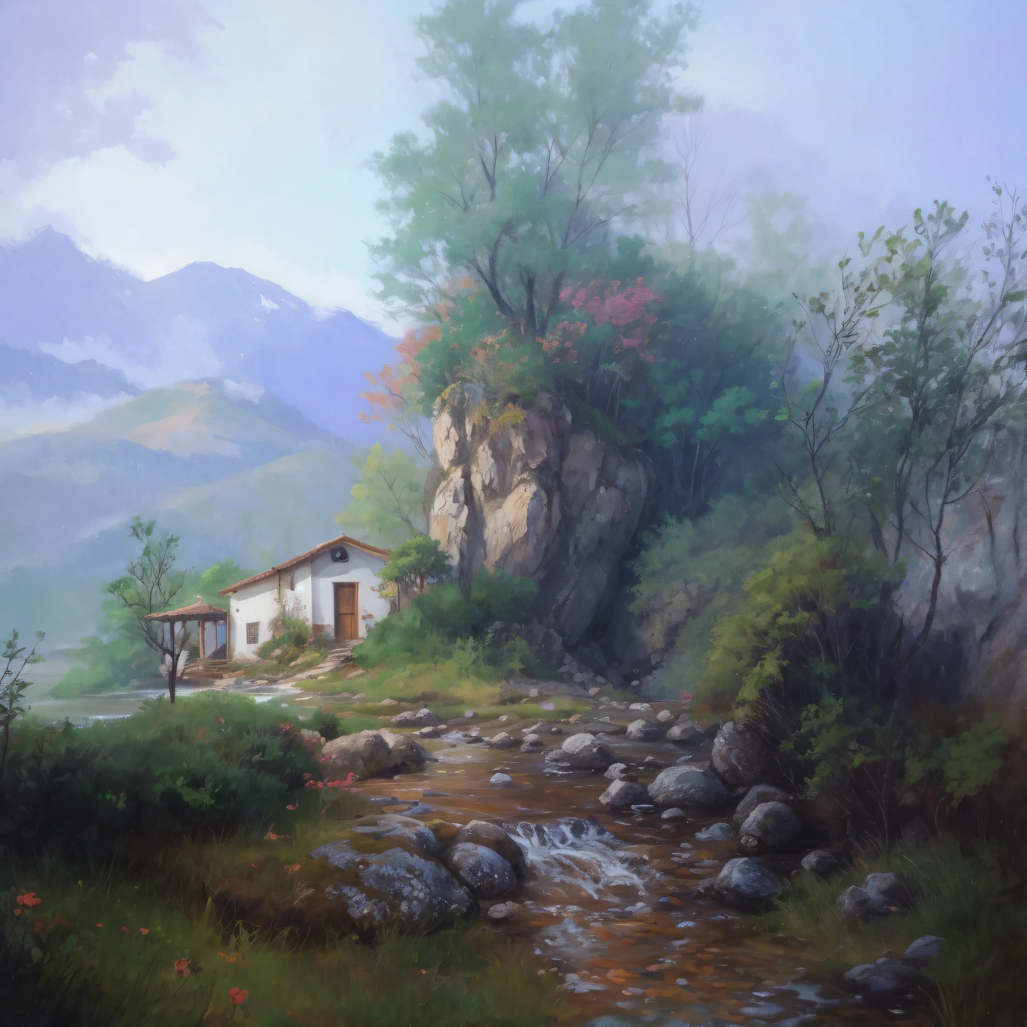 pintura de uma pequena casa , with a stream running crystal clear waters, montanhas ao fundo,super realista,8k