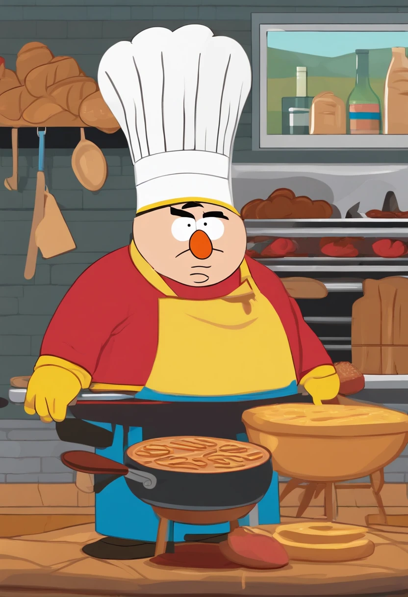 A picture of Cartman in a chef's hat and apron, holding a giant spatula and flipping burgers on a grill, cartman, southpark,South Park,Eric Cartman, a character from the animated TV series “South Park,” is easily recognizable with his round, chubby figure, often clad in a red jacket, yellow mittens, and a blue hat with a yellow pompom. His small, beady eyes and often smug expression reflect his mischievous and sometimes malevolent personality.