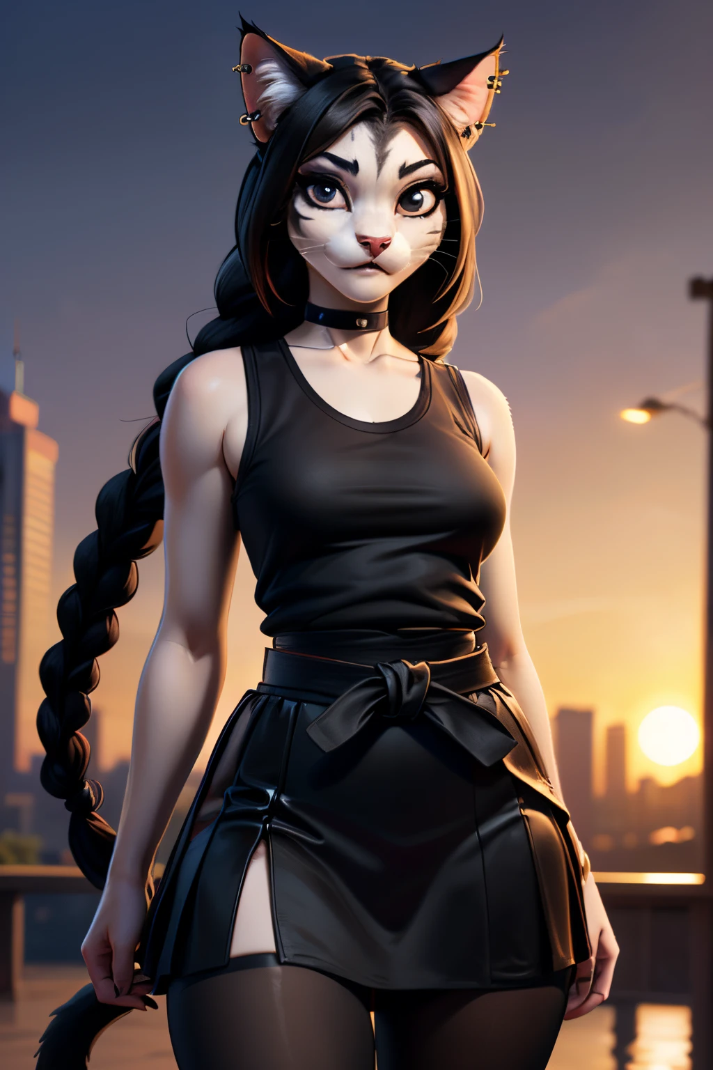 ((ultra quality)), ((tmasterpiece)), Girl-khajiit, goth, anthro cat, furry, ((black long hair tied in a braid)), ((there are piercings and rings in the ears)), ((there are only cat ears)), ((There is a cat's long tail in the back)), Beautiful cute face, beautiful female lips, charming beauty, ((serious expression)), is looking at the camera, ((Skin color: white)), ((there is cat hair on the body)), Body glare, ((detailed beautiful female eyes)), ((kblack eyes)), ((dark makeup)), beautiful female hands, ((perfect female figure)), ideal female body shapes, Beautiful waist, nice feet, big thighs, Beautiful butt, ((Subtle and beautiful)), seductively worth it ((closeup face)), ((wearing a black waist-length skirt with a black belt, black sleeveless tank top, black choker around the neck, black sneakers, black tights), background: City Street, evening sunset, ((Depth of field)), ((high quality clear image)), ((crisp details)), ((higly detailed)), Realistic, Professional Photo Session, ((Clear Focus)), ((cartoon)), the anime, NSFW