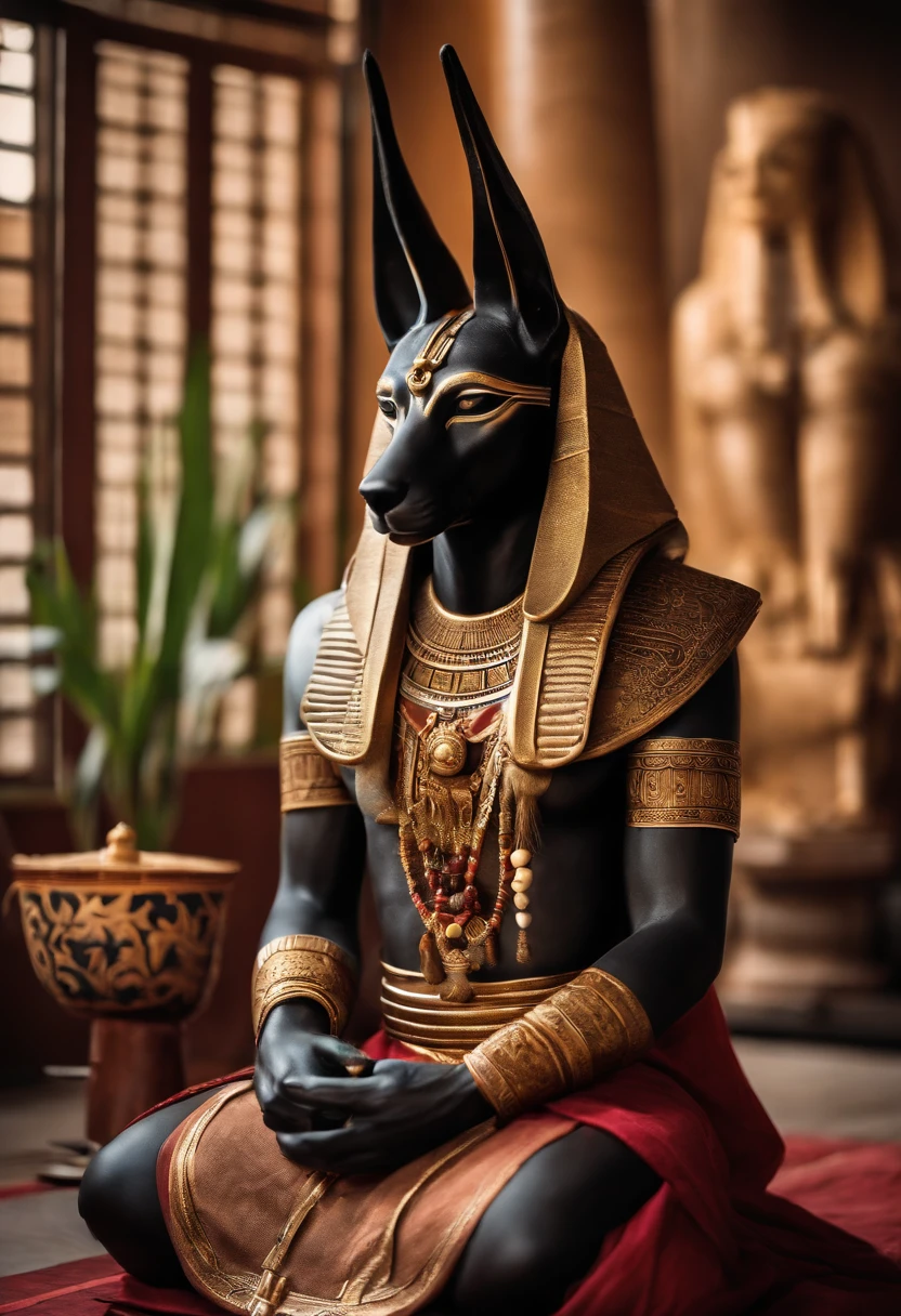 A photo of Anubis meditatively observing the movements of a traditional tea ceremony.,original,anubis is a tall muscular man with the head of a jackal. he is dressed in pharaoh clothing from ancient egypt