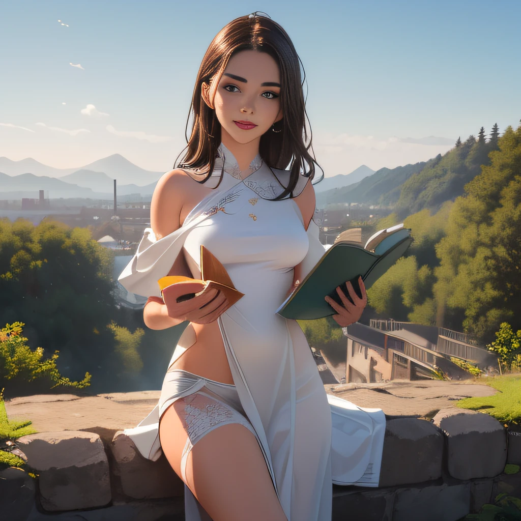 (Extremely detailed 8k wallpaper:2), (photo:2), (43 years old soigne Beautiful girl:2), (gives a lecture to friends:2), detailed (Face and eyes), (hyper realistic:1), (highly detailed:1), (epic realistic:1), rim light, (maximum details:1), cozy, (fullbody:1.3), (looking at viewer:2), (Woman's Attractive Qualities:2), (Attractive Woman:2), (Attractive:2), Smile, Intelligence, Empathy, Gracefulness, Sense of Style, Fitness, Grooming, Optimism, (Sensitivity:2), Sincerity, Romantic Gestures, Playfulness, Fashion Sense, (Sensuality:2), Charm, Modesty, Thoughtfulness, (Femininity:1), Flirtatiousness, Warmth, (Physical attractiveness:2), A beautiful smile, A love of life, strength and power, vulnerability, curiosity, wonder, love, (nature background:2), kawaii, waifu, Beautiful breasts, (attractive body:2), (Beautiful body:2), Beautiful pose, attractive pose, (Beautiful legs:1.0), (Beautiful clothes:1), (classic clothes:2), (elegant clothes:2), (European clothes:2), detailed clothes, (skirt:1), (blouse:1), (provocative pose)