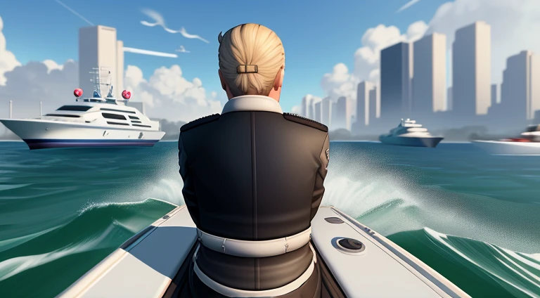 Style jeux vidéo, course de bateau avec la police derrière scène d'action style gta jet s'y palmier