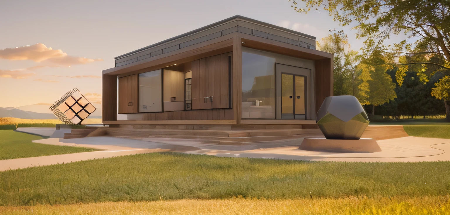 a rendering of a plaza in front of one museum terracotta brown building with clear windows, stone pathway to building and from right to left, one steel gray cube sculpture on the left and one steel gray sculpture on the right, hilly grass between building and plaza, ((nice bright grass lawn)), sunset sky, daylight, bright daylight, two-point perspective, human perspective, realistic, masterpiece, ultra-detailed, 4K, photographic rendering, commercial rendering, wooden bench in front of the plaza