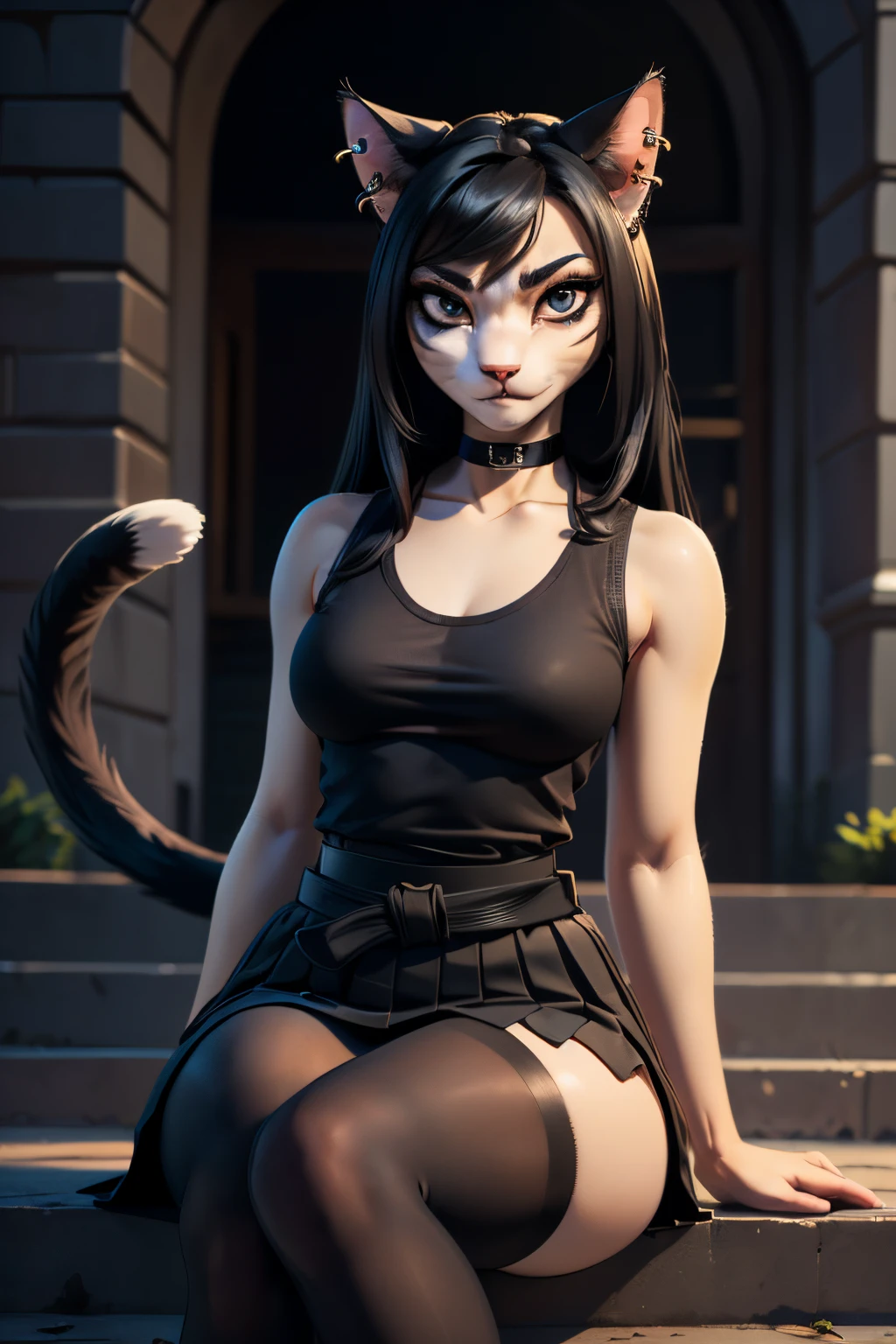 ((ultra quality)), ((tmasterpiece)), Girl-khajiit, goth, anthro cat, furry,, ((Black long hair)), ((there are piercings and rings in the ears)), ((there are only cat ears)), ((There is a cat's long tail in the back)), Beautiful cute face, beautiful female lips, charming beauty, ((serious expression)), is looking at the camera, ((Skin color: white)), ((there is cat hair on the body)), Body glare, ((detailed beautiful female eyes)), ((kblack eyes)), ((dark makeup)), beautiful female hands, ((perfect female figure)), ideal female body shapes, Beautiful waist, nice feet, big thighs, Beautiful butt, ((Subtle and beautiful)), Sitting on the steps ((closeup face)), ((wearing a black waist-length skirt with a black belt, black sleeveless tank top, black choker around the neck, black sneakers, black tights), background: City Street, evening sunset, ((Depth of field)), ((high quality clear image)), ((crisp details)), ((higly detailed)), Realistic, Professional Photo Session, ((Clear Focus)), ((cartoon)), the anime, NSFW