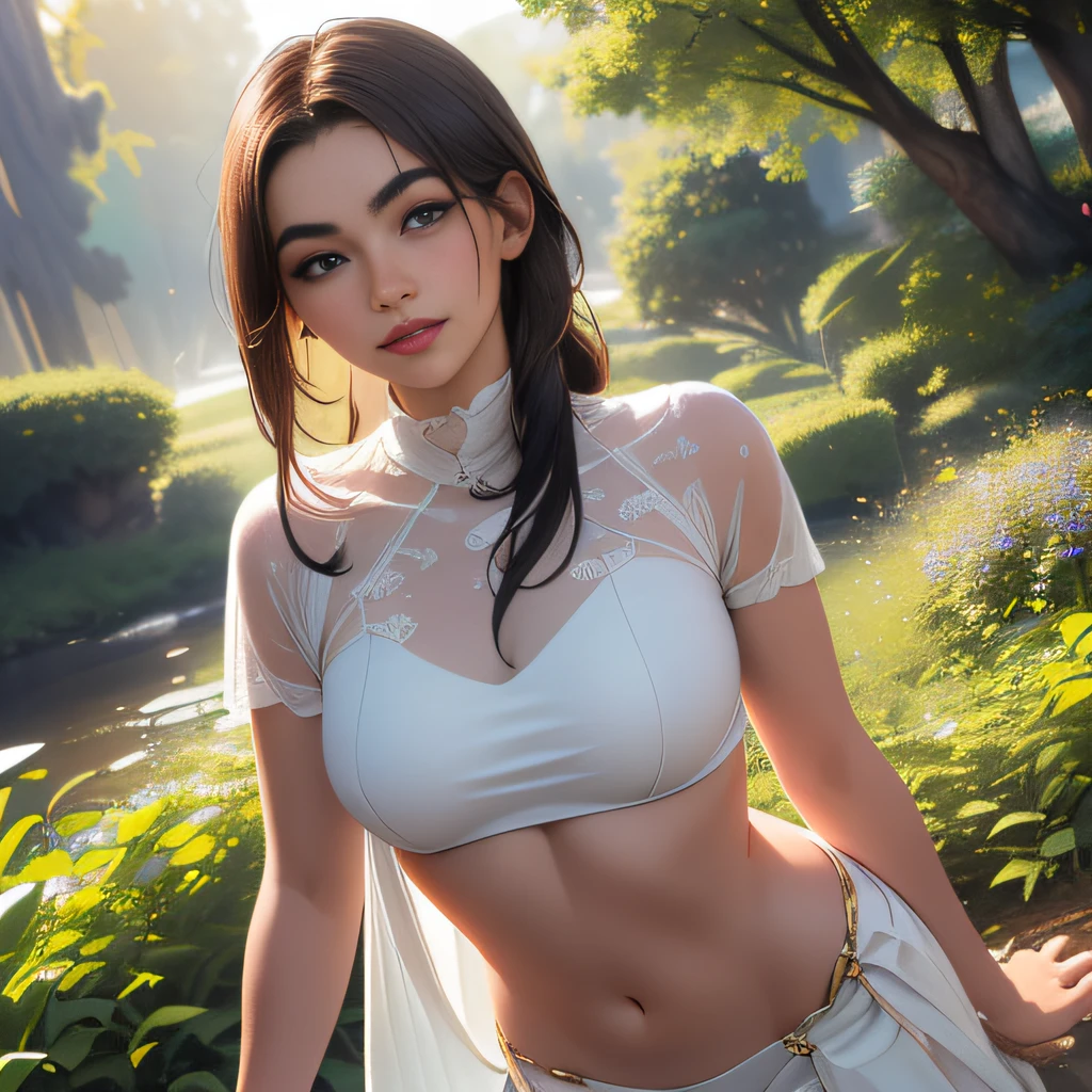 A beautiful  woman Climbing the green slope of A labyrinth made of ages in a beautiful garden of a fabulous castle on top of a wooded mountain. ((Best Quality)), ((Masterpiece)), (Highly Detailed:1.2), (Octane Rendering), ((Octane Style), 3D, beautiful ((cyberpunk woman)) with voluminous hair, hack, HDR (High Dynamic Range), Ray Tracing, NVIDIA RTX, Super- Resolution, Unreal 5, Subsurface Scattering, PBR Texture, Post Processing, Anisotropic Filtering, (Depth of Field), Maximum Clarity and Sharpness, Multilayer Textures, Albedo and Specular Maps, Surface Shading, ((Accurate simulation of light- material)), ((Perfect Proportions, Octane Rendering, Two-Tone Lighting, Low ISO, White Balance, Golden Rule, Large Aperture, 8K RAW, Efficient Sub-Pixel, Sub-Pixel Convolution, Luminescent Particle, Light Scattering light, Tyndall effect))