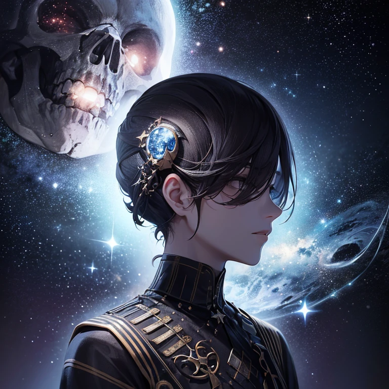 Use elements from outer space to create realistic images of the skull, as stars and galaxies, Simboliza o infinito e a eternidade da morte.