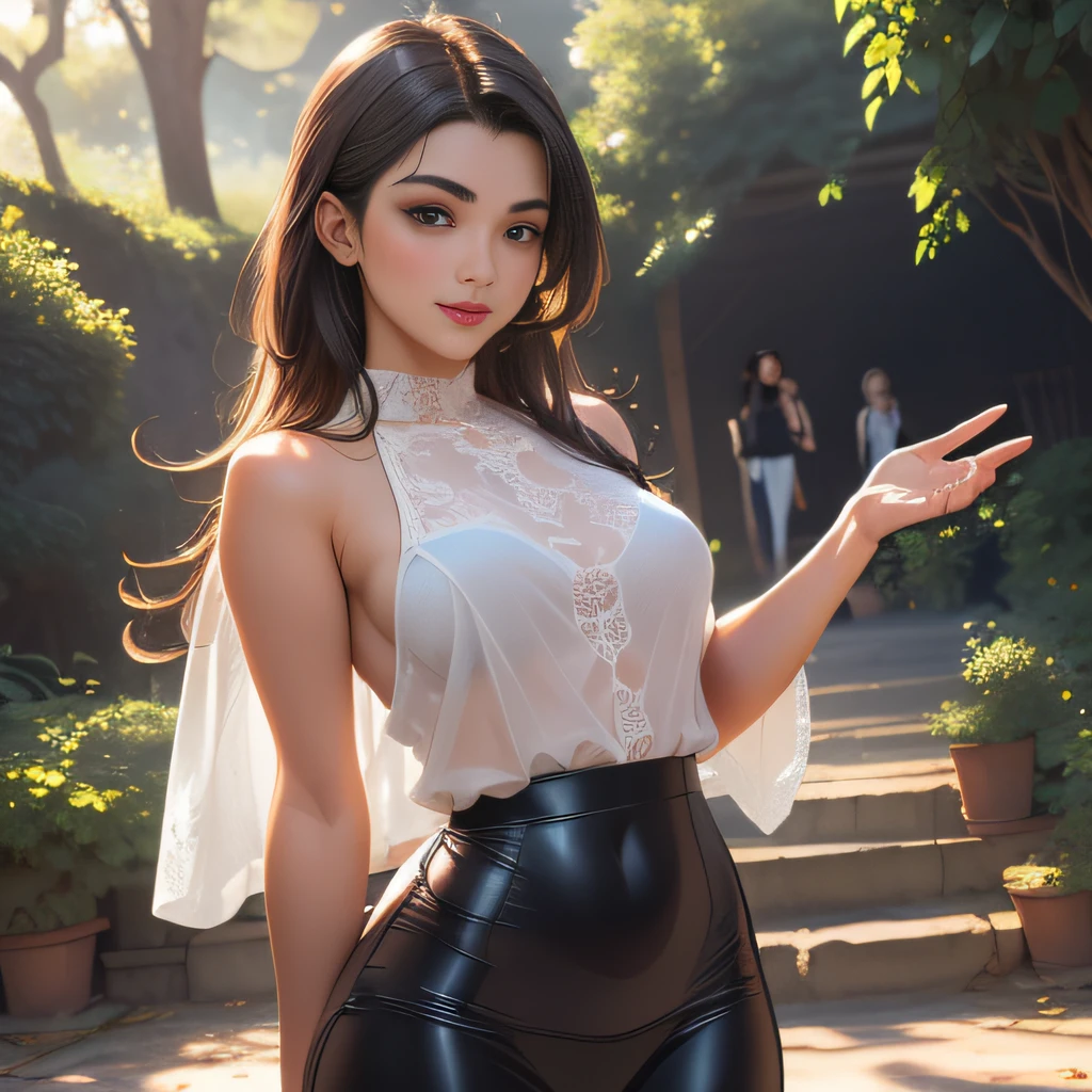 (Extremely detailed 8k wallpaper:2), (photo:2), (soigne Beautiful girl:2), (gives a lecture to friends:2), detailed (Face and eyes), (hyper realistic:1), (highly detailed:1), (epic realistic:1), rim light, (maximum details:1), cozy, (fullbody:1.3), (looking at viewer:2), (Woman's Attractive Qualities:2), (Attractive Woman:2), (Attractive:2), Smile, Intelligence, Empathy, Gracefulness, Sense of Style, Fitness, Grooming, Optimism, (Sensitivity:2), Sincerity, Romantic Gestures, Playfulness, Fashion Sense, (Sensuality:2), Charm, Modesty, Thoughtfulness, (Femininity:1), Flirtatiousness, Warmth, (Physical attractiveness:2), A beautiful smile, A love of life, strength and power, vulnerability, curiosity, wonder, love, (nature background:2), kawaii, waifu, Beautiful breasts, (attractive body:2), (Beautiful body:2), Beautiful pose, attractive pose, (Beautiful legs:1.0), (spread legs:1.0), (Beautiful clothes:1), (classic clothes:2), (elegant clothes:2), (European clothes:2), detailed clothes, (skirt:1), (blouse:1), (provocative pose)