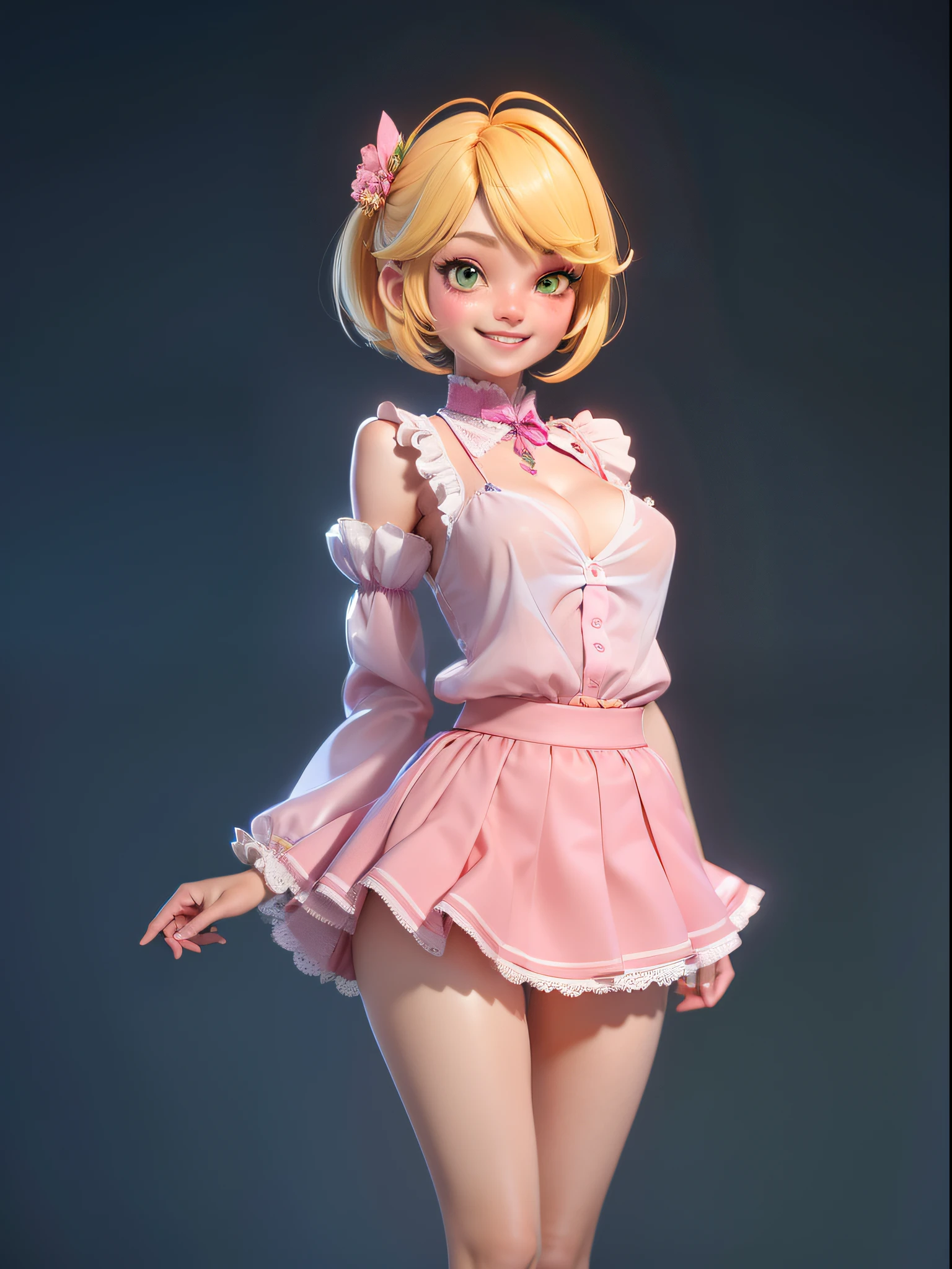 Master Parts, Best Quality, Render Jobs、。.。.。.。.3D Styles、。.。.。.。.3DMM、。.。.。.。.3D, 1girl in, Soio, yellow hair, hitornfreckles, jewely, sideways Facing, Realistic, full length, Clear and simple background, yellow fringe, (Long Skirt Dress)、(((Nipples visible from the chest)))、looking at away, short-hair, Separated lips, green colored eyes, gargantilha, makeup, Smiling wearing pink clothes, Beautiful teeth, Yellow shoes、Lace pantie、Beginning々Shishi Body、(life-likeオマンコ)、(((Very realistic panties)))、(((up skirt))),(((I can see panties)))、(Cameltoe),the shape of the papilla is visible、(((The shape of the nipple is clear)))