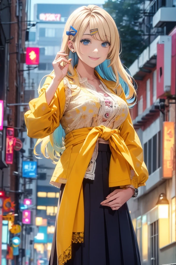 ShirakawaRuna, 1girl, blonde hair, multicolored hair, bangs, one side up, long hair, blue eyes, hairclip, jewelry, earrings,masterpiece,best quality,night view,rainy,cyberpunk city,wet clothes, kebaya_bali,yellow_kebaya_bali,large breasts,sweaty smile,show nipples  ,transparent dress ,show armpits,get raped by 1 man,(skirt lift:1.3),(white lace panties:1.2)