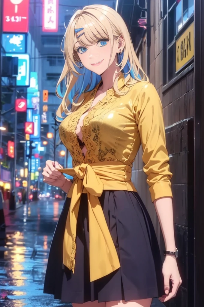 ShirakawaRuna, 1girl, blonde hair, multicolored hair, bangs, one side up, long hair, blue eyes, hairclip, jewelry, earrings,masterpiece,best quality,night view,rainy,cyberpunk city,wet clothes, kebaya_bali,yellow_kebaya_bali,large breasts,sweaty smile,show nipples  ,transparent dress ,show armpits,get raped by 1 man,(skirt lift:1.3),(white lace panties:1.2)