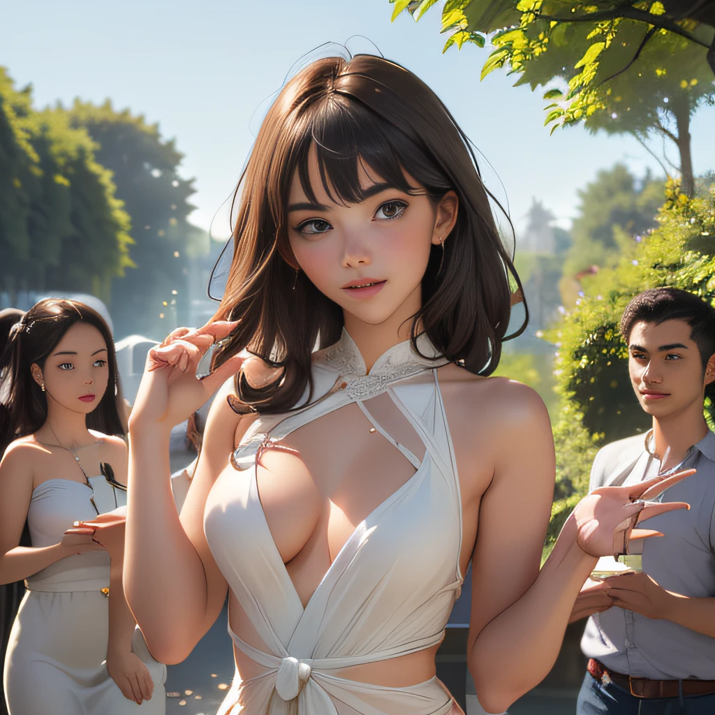 (Extremely detailed 8k wallpaper:2), (photo:2), (soigne Beautiful girl:2), (gives a lecture to friends:2), detailed (Face and eyes), (hyper realistic:1), (highly detailed:1), (epic realistic:1), rim light, (maximum details:1), cozy, (fullbody:1.3), (looking at viewer:2), (Woman's Attractive Qualities:2), (Attractive Woman:2), (Attractive:2), Smile, Intelligence, Empathy, Gracefulness, Sense of Style, Fitness, Grooming, Optimism, (Sensitivity:2), Sincerity, Romantic Gestures, Playfulness, Fashion Sense, (Sensuality:2), Charm, Modesty, Thoughtfulness, (Femininity:1), Flirtatiousness, Warmth, (Physical attractiveness:2), A beautiful smile, A love of life, strength and power, vulnerability, curiosity, wonder, love, (nature background:2), kawaii, waifu, Beautiful breasts, (attractive body:2), (Beautiful body:2), Beautiful pose, attractive pose, (Beautiful legs:1.0), (spread legs:1.0), (Beautiful clothes:1), (classic clothes:2), (elegant clothes:2), (European clothes:2), detailed clothes, (skirt:1), (blouse:1), (provocative pose)