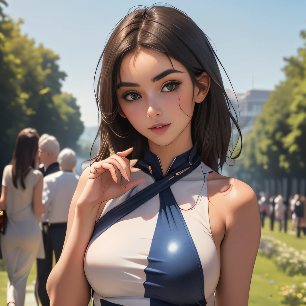 (Extremely detailed 8k wallpaper:2), (photo:2), (soigne Beautiful girl:2), (gives a lecture to friends:2), detailed (Face and eyes), (hyper realistic:1), (highly detailed:1), (epic realistic:1), rim light, (maximum details:1), cozy, (fullbody:1.3), (looking at viewer:2), (Woman's Attractive Qualities:2), (Attractive Woman:2), (Attractive:2), Smile, Intelligence, Empathy, Gracefulness, Sense of Style, Fitness, Grooming, Optimism, (Sensitivity:2), Sincerity, Romantic Gestures, Playfulness, Fashion Sense, (Sensuality:2), Charm, Modesty, Thoughtfulness, (Femininity:1), Flirtatiousness, Warmth, (Physical attractiveness:2), A beautiful smile, A love of life, strength and power, vulnerability, curiosity, wonder, love, (nature background:2), kawaii, waifu, Beautiful breasts, (attractive body:2), (Beautiful body:2), Beautiful pose, attractive pose, (Beautiful legs:1.0), (spread legs:1.0), (Beautiful clothes:1), (classic clothes:2), (elegant clothes:2), (European clothes:2), detailed clothes, (skirt:1), (blouse:1), (provocative pose)