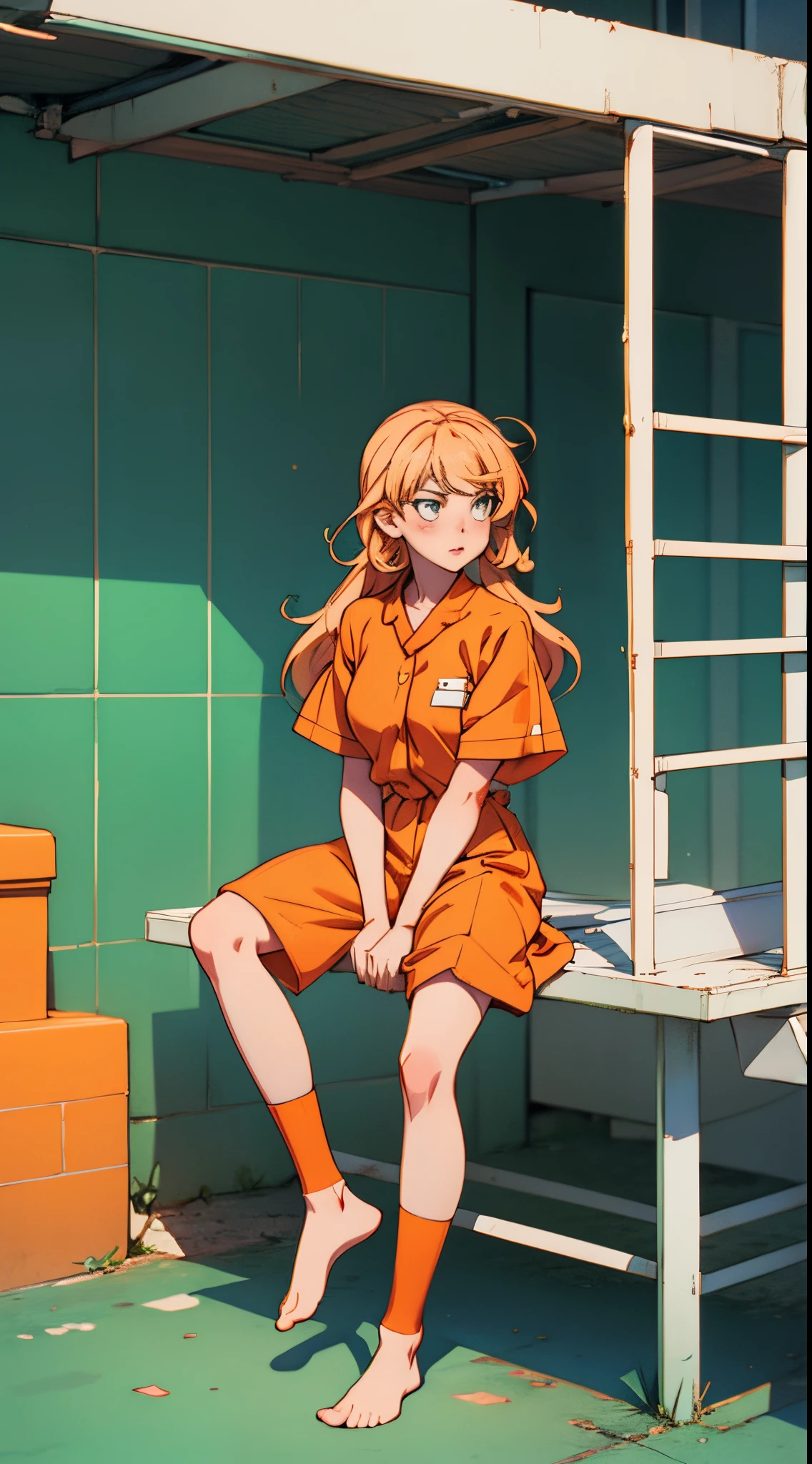 Girl in uniform sitting on a windowsill with a cell phone, in prison, in prison, in a prison cell, Sitting in a prison, female protagonist :8, Queen in the Glass Prison, prisoner, (sfw) safe to work, wearing a prison jumpsuit, Aus Attack on Titan, Anya from the Spy X Family, wearing an orange prison jumpsuit