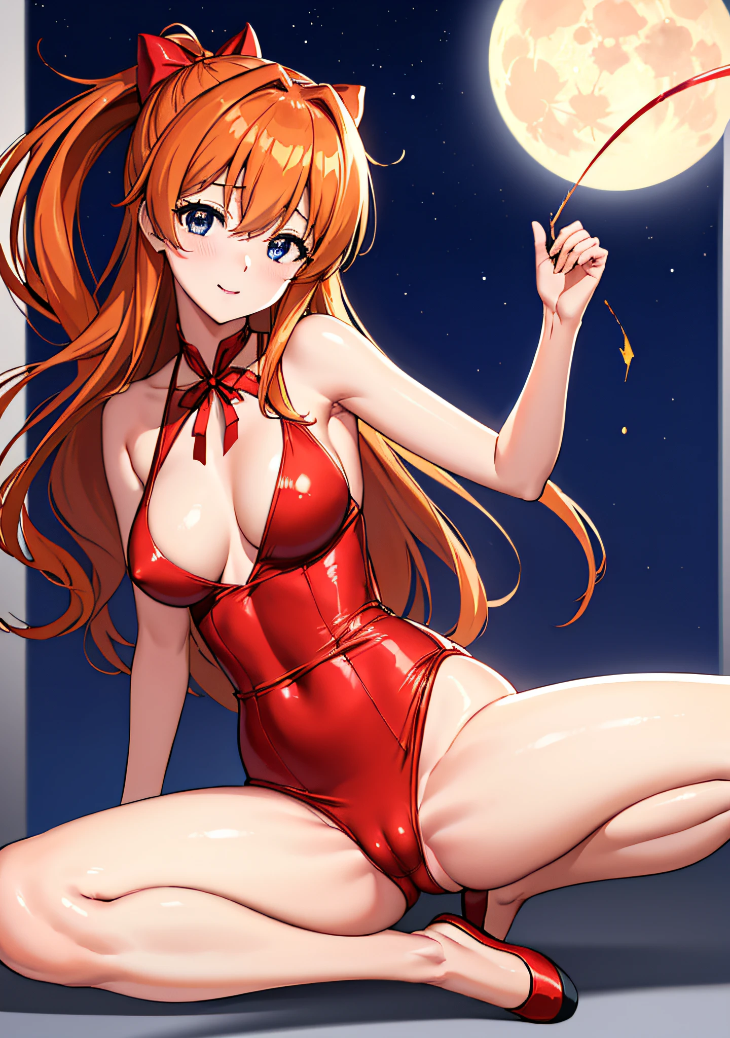 (masutepiece),(Best Quality), Asuka Langley Soryu，、Soio、Blue eyes，hair between eye，headware，Interface headset，Orange hair，Red Ribbon、bow ribbon、Big breasts、((Smaller head)）、1 female、fullmoon、room dress、Slit Dresses、Sexy pose with one knee standing、(Raw photography:1.2)、(Photorealsitic:1.4)、A smile、Textured skin、extremely detailed eye and face、beatiful detailed eyes、二重まぶた、huge filesize、(Increase the beauty of skin texture:1.1)、hight resolution、highlydetailed skin、top-quality、8k wallpaper、电影灯光、large boob,Seductive underwear、Open legs、The chest is visible、 Spread your legs、Spread your crotch、Persistent stare, Sharp eyes, sexy langeries