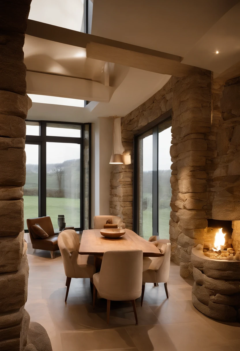 Exterior view of a furnished designer house in Stonehenge. Mit allen Details eines in Stonehenge eingerichteten Designhauses. Das Design House muss IN die Steine eingebettet werden, furnished, es sollte im Inneren der Steine zu sehen sein, as if the stones of Stonehenge were a building. The view must be focused on the stones of Stonehenge from close up, und innen sollte es so aussehen, as if it were a design house, with designer furniture, Badehaus, Schlafzimmer, Wohnzimmer, Esszimmer, with all possible details of the interior design of an apartment.