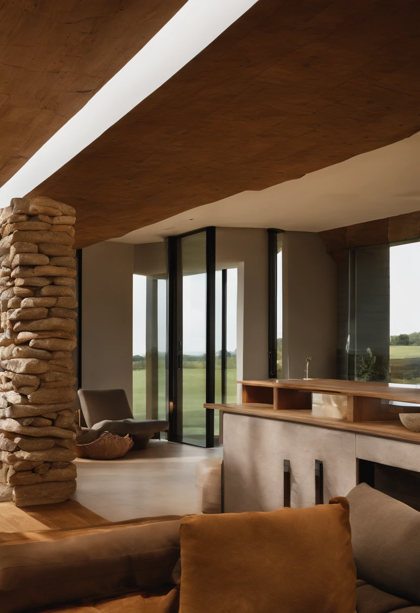Exterior view of a furnished designer house in Stonehenge. Mit allen Details eines in Stonehenge eingerichteten Designhauses. Das Design House muss IN die Steine eingebettet werden, furnished, es sollte im Inneren der Steine zu sehen sein, as if the stones of Stonehenge were a building. The view must be focused on the stones of Stonehenge from close up, und innen sollte es so aussehen, as if it were a design house, with designer furniture, Badehaus, Schlafzimmer, Wohnzimmer, Esszimmer, with all possible details of the interior design of an apartment.
