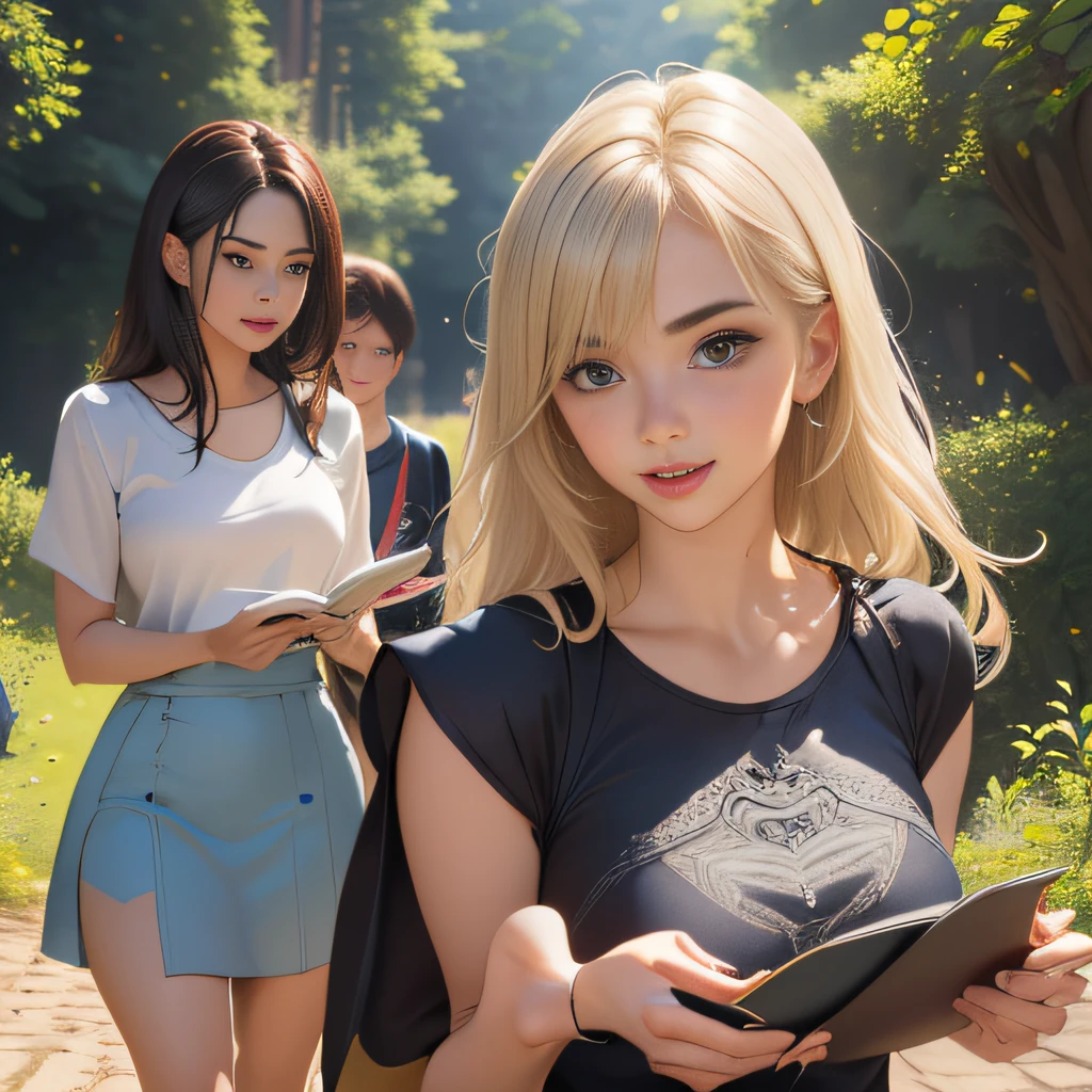 (Extremely detailed 8k wallpaper:2), (photo:2), (soigne Beautiful girl:2), (gives a lecture to friends:2), detailed (Face and eyes), (hyper realistic:1), (highly detailed:1), (epic realistic:1), rim light, (maximum details:1), cozy, (fullbody:1.3), (looking at viewer:2), (Woman's Attractive Qualities:2), (Attractive Woman:2), (Attractive:2), Smile, Intelligence, Empathy, Gracefulness, Sense of Style, Fitness, Grooming, Optimism, (Sensitivity:2), Sincerity, Romantic Gestures, Playfulness, Fashion Sense, (Sensuality:2), Charm, Modesty, Thoughtfulness, (Femininity:1), Flirtatiousness, Warmth, (Physical attractiveness:2), A beautiful smile, A love of life, strength and power, vulnerability, curiosity, wonder, love, (nature background:2), kawaii, waifu, Beautiful breasts, (attractive body:2), (Beautiful body:2), Beautiful pose, attractive pose, (Beautiful legs:1.0), (spread legs:1.0), (Beautiful clothes:1), (classic clothes:2), (elegant clothes:2), (European clothes:2), detailed clothes, (skirt:1), (blouse:1), (provocative pose)