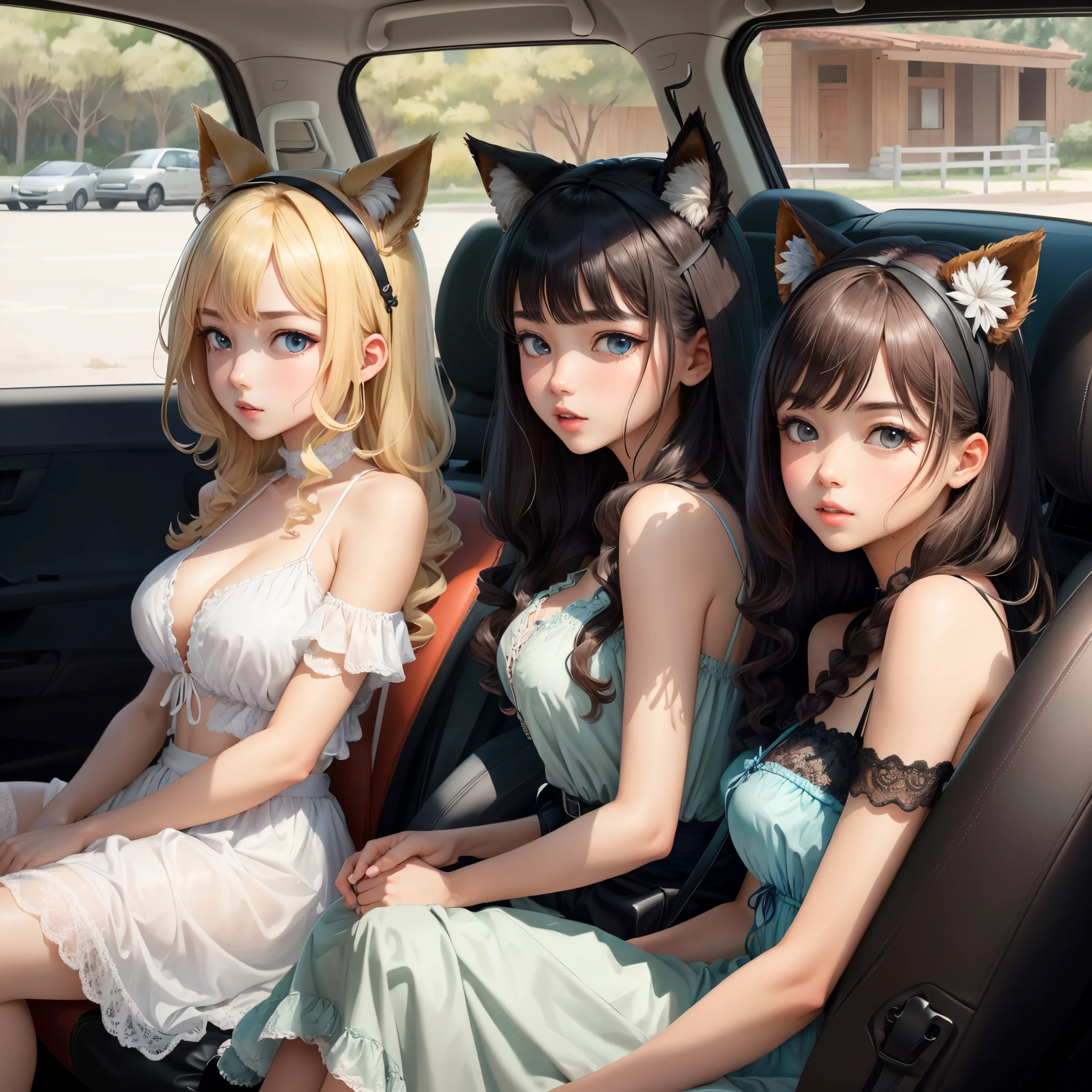 Three girls, harem, car back seat, animal ears