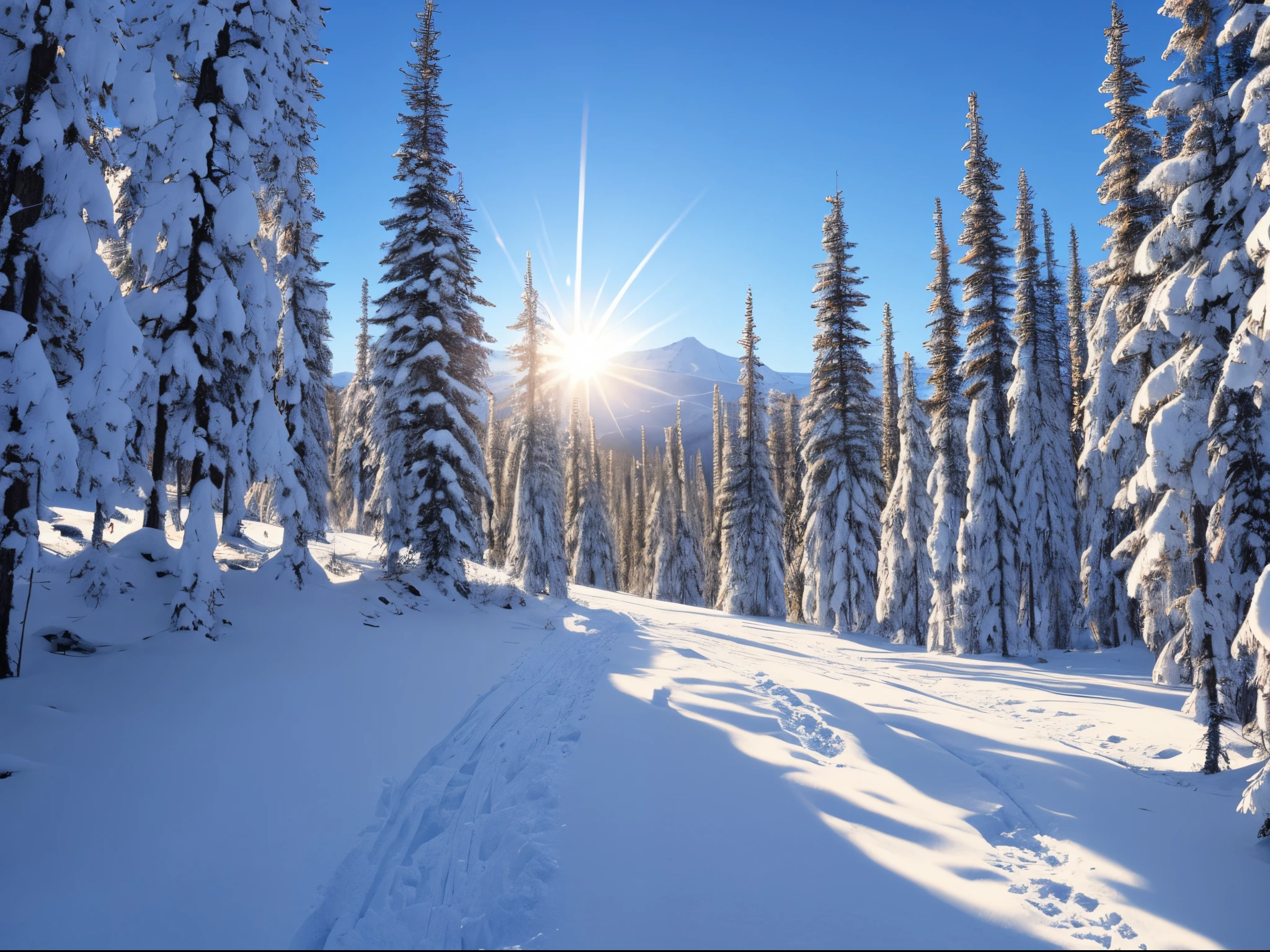 Ski trail on tall snowy mountain, midday, sun in corner, photo quality