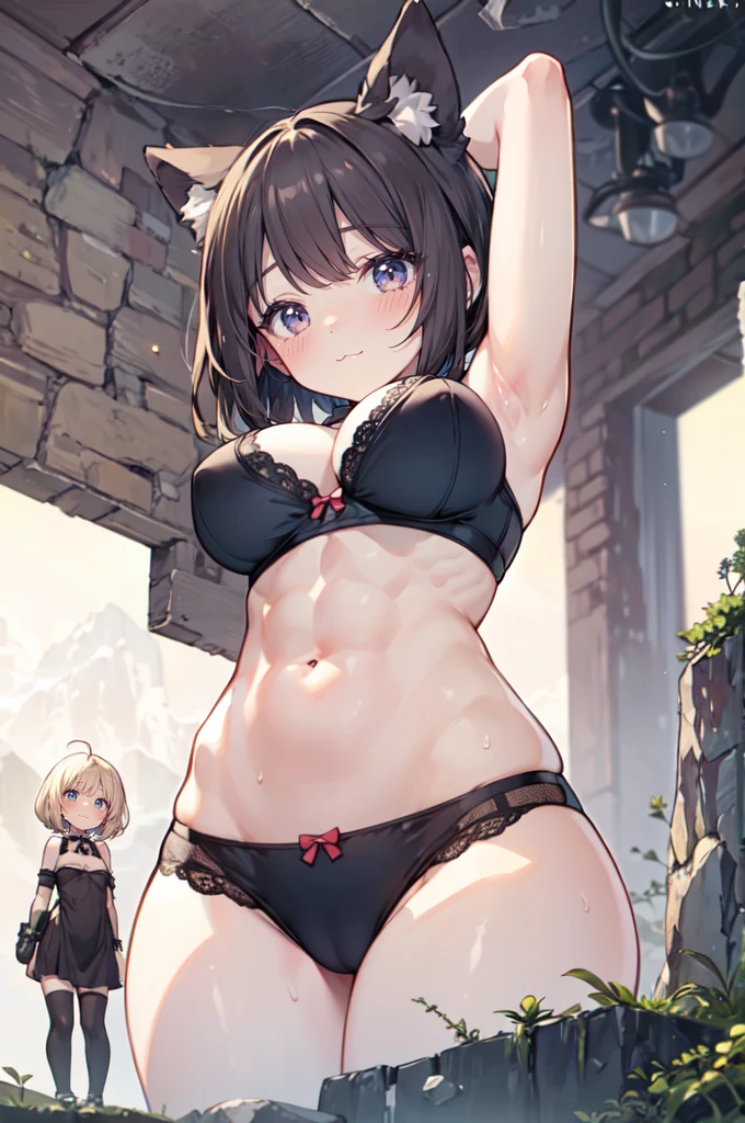 Dungeon, cave, cliffs, hills, fantasy, , (height_difference:1.4), (giantess:1.4), (2girls:1.5), groups of adventurers on a hill in front of the breasts of a giantess, minigirl on a hill under the breasts of a giantess,
catgirl, :3, bangs, naked, from below, very cute bra, panties, (muscular:1.2), very tall, huge breasts, below view, from below, cleavage (Minigirl:1.5), (rear_end:1.4), long hair, tiny group of adventurers, (Masterpiece), (Best Definition Animated Illustration), (Super Definition), (minigirl:1.4), cameltoe, sexy clothing, armpit, sweaty