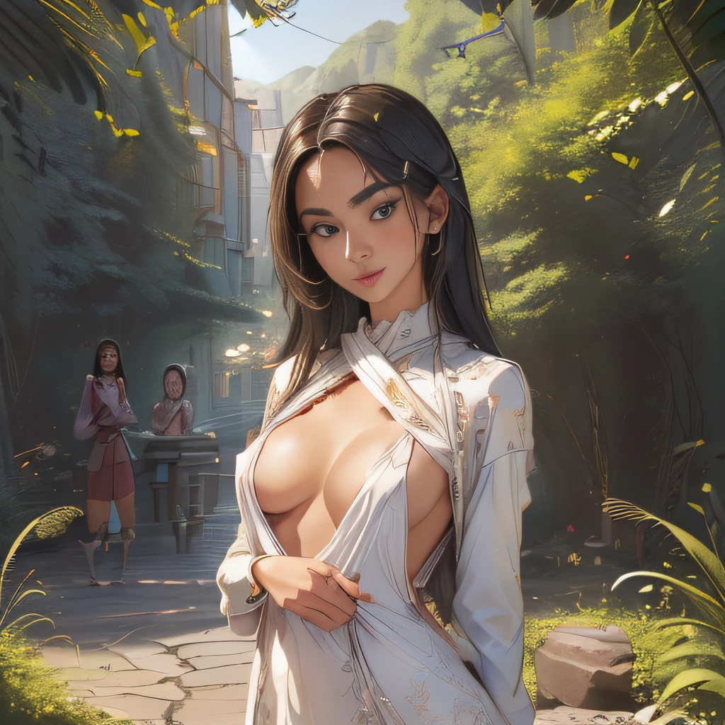 (Extremely detailed 8k wallpaper:2), (photo:2), (soigne Beautiful girl:2), (gives a lecture to friends:2), detailed (Face and eyes), (hyper realistic:1), (highly detailed:1), (epic realistic:1), rim light, (maximum details:1), cozy, (fullbody:1.3), (looking at viewer:2), (Woman's Attractive Qualities:2), (Attractive Woman:2), (Attractive:2), Smile, Intelligence, Empathy, Gracefulness, Sense of Style, Fitness, Grooming, Optimism, (Sensitivity:2), Sincerity, Romantic Gestures, Playfulness, Fashion Sense, (Sensuality:2), Charm, Modesty, Thoughtfulness, (Femininity:1), Flirtatiousness, Warmth, (Physical attractiveness:2), A beautiful smile, A love of life, strength and power, vulnerability, curiosity, wonder, love, (nature background:2), kawaii, waifu, Beautiful breasts, (attractive body:2), (Beautiful body:2), Beautiful pose, attractive pose, (Beautiful legs:1.0), (spread legs:1.0), (Beautiful clothes:1), (classic clothes:2), (elegant clothes:2), (European clothes:2), detailed clothes, (skirt:1), (blouse:1), (provocative pose)