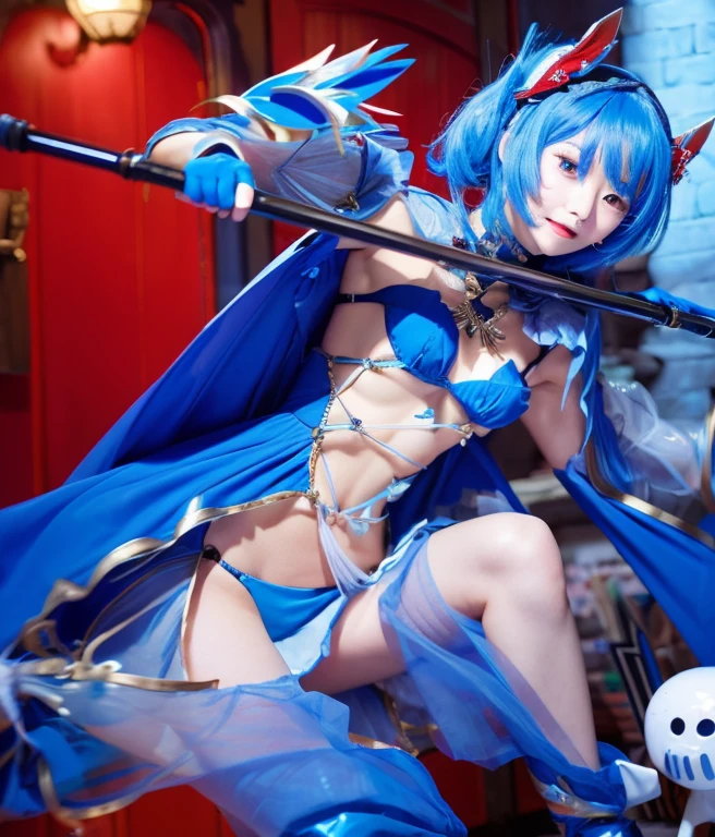 realisitic、Blue hair color、transparent blue apron、Sheer、blue armor boots、length hair、White feather hair ornament、wide open legs、Holding a spear、shaking boobs、Slim body、red eyes、black glowing door background、cloaks、Torn cheongsam、Black Micro Bikini Pants、barechested