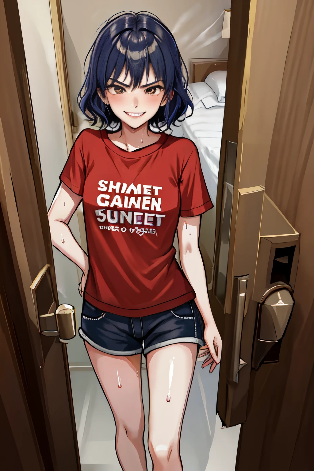 1boy,1girl in、Complete human body、masterpiece, top-quality, hight resolution, 1 girl's room、peephole door, Open the door, doorways、beautiful Girl、cute little、Plain white wet oversized loose T-shirt、((Sweat,steam,Lower grade)),Intense sex between a girl and a sneaky faceless macho guy, tall dark-skinned man、the man grins、man with alcohol、standing back、cum shot!, Fuck & Missionary 、 PuppyStyle