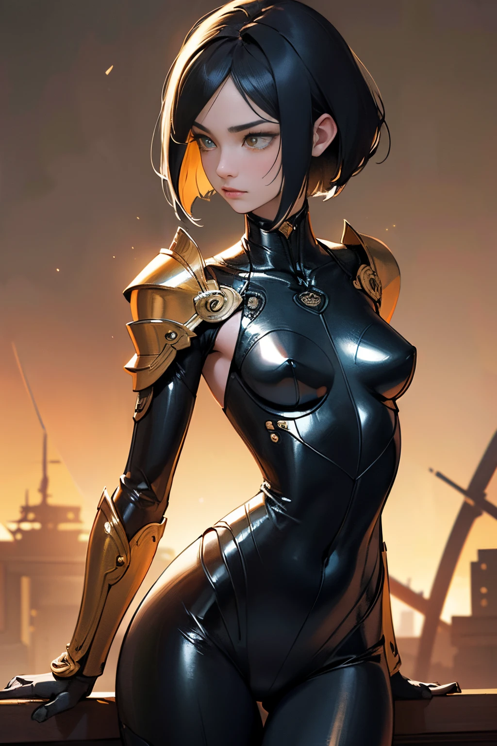 (Artwork of exceptional craftsmanship),(Detailed illustrations,(Art based on a very ideal anatomy),Very detailed and detailed drawing,Delicate lines with slow and rapid,(Realistic texture expression)),[Color tressed main line],[Shinjuku background at night],(HENTAI ANIME) (Japanese NINJA Girl (Beauty) ) petite and muscular [Slim & fit body], Short Bob Cut,([hornet] Orange Ninja Battle Armor) scarf [stall] ((Fitting rubber inner) [honeycomb] [edg]) hair adornments (Dull metallic luster:0.8),gravure [KUNOICHI],(Perfectly proportioned),(Fine and beautiful skin expression [realistic skin detail]),(Design built to the highest level,[Advanced structural understanding of materials],Ideal color coordination),(Intricate and beautiful decoration (Dense detail)),(More on shiny hair),[Perfect hand details],(Beautiful perfect face [Realistic face details]),[Clear gaze],[long and beautiful eyelashes], yellow eyes, yellow irises, [Perfect eye details (Eyes beautifully drawn down to the smallest detail)],(detaileds,high-detail),((Precision Detail),[multi-layer texture],HighQuality,hight resolution),[(Accurate simulation of light-material interactions),Understanding Airflow,Mechanically correct representation],[Visual art that conveys a sense of narrative] [Full body like], thigh gap,[[Desaturation]].
