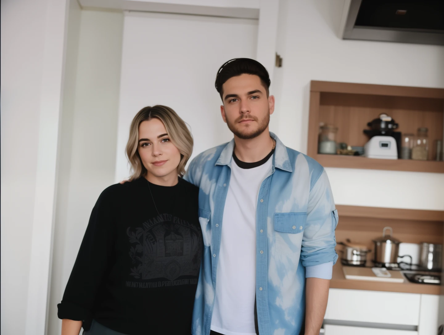 there are two people together in a kitchen, hannah yata charlie immer, retrato de alta qualidade, taken in the early 2020s, Condutor de Ene, Streamer do Twitch / Jogador Ludwig, Retrato de duas pessoas, masculino e feminino, maximus jacobs, suave em _ O pano de fundo, Directed by: Nandor Soldier. Mesma imagem mas de modo personagem de filme