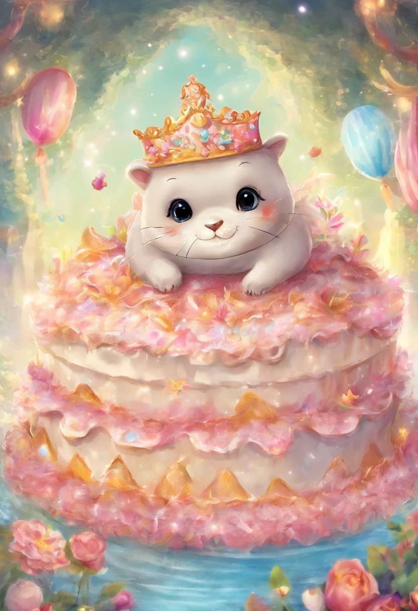 high-level image quality、Fine。in 8K。Sparkling painting style。A story about a dream world where a cute seal eats cake.cute seal character。seal